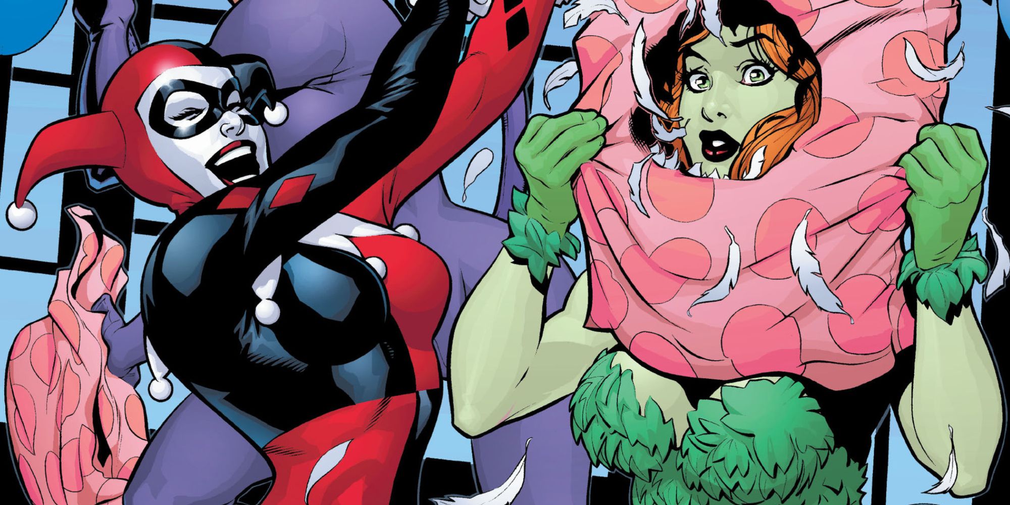 Harley Quinn and Poison Ivy horse around in DC Comics.