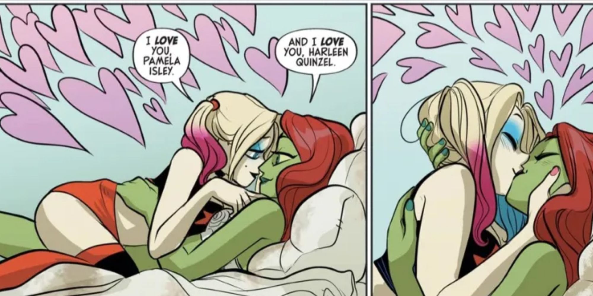 Harley Quinn and Poison Ivy kiss in DC Comics.