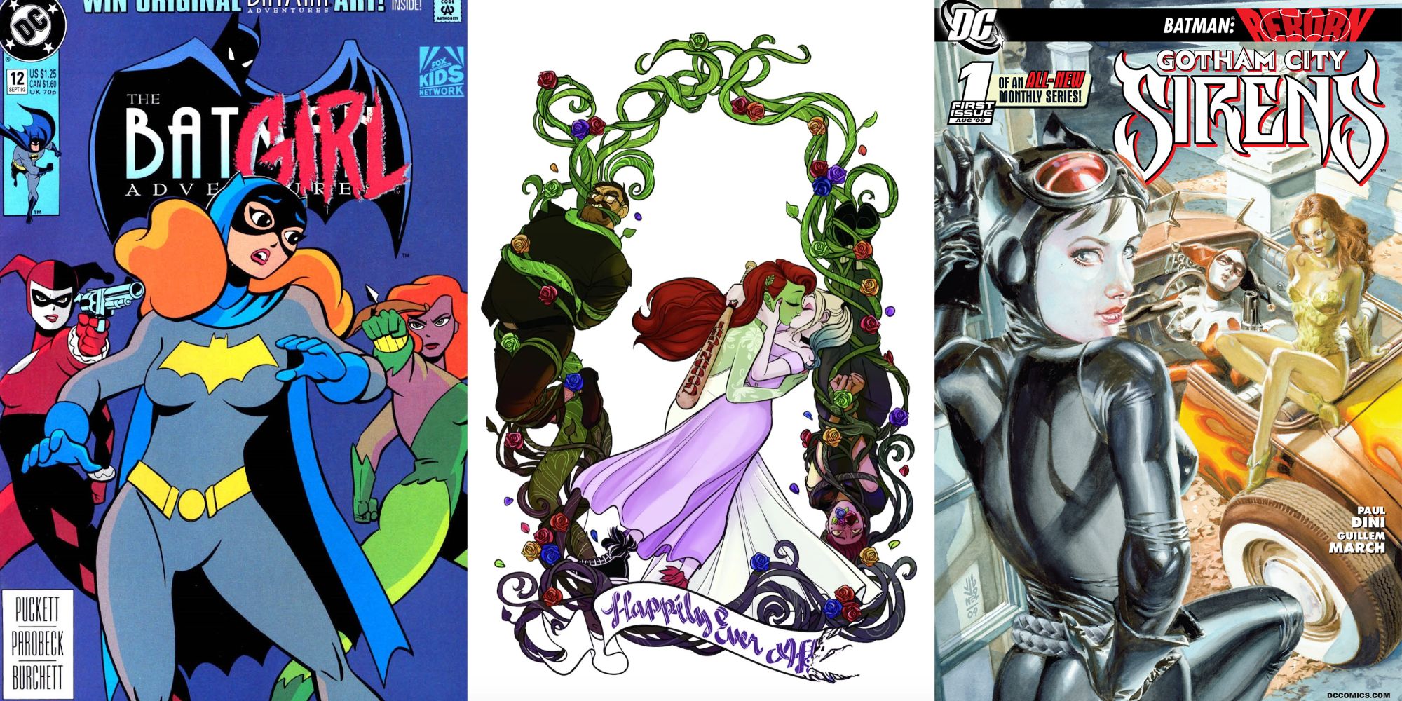 Split image of covers for Batman Adventures 12, Harley Quinn Eat Bang Kill Tour 1, and Gotham City Sirens 1.