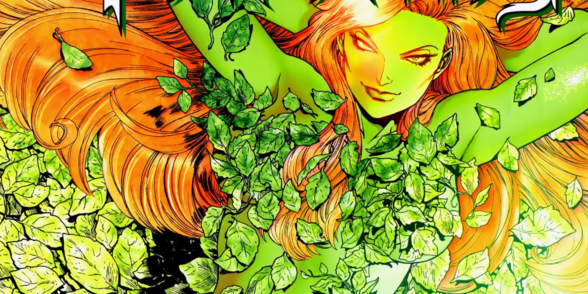 Poison Ivy covered in leaves in DC Comics.