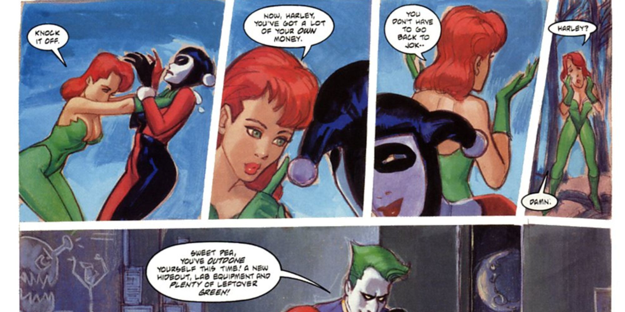 Poison Ivy gives Harley Quinn money in DC Comics.