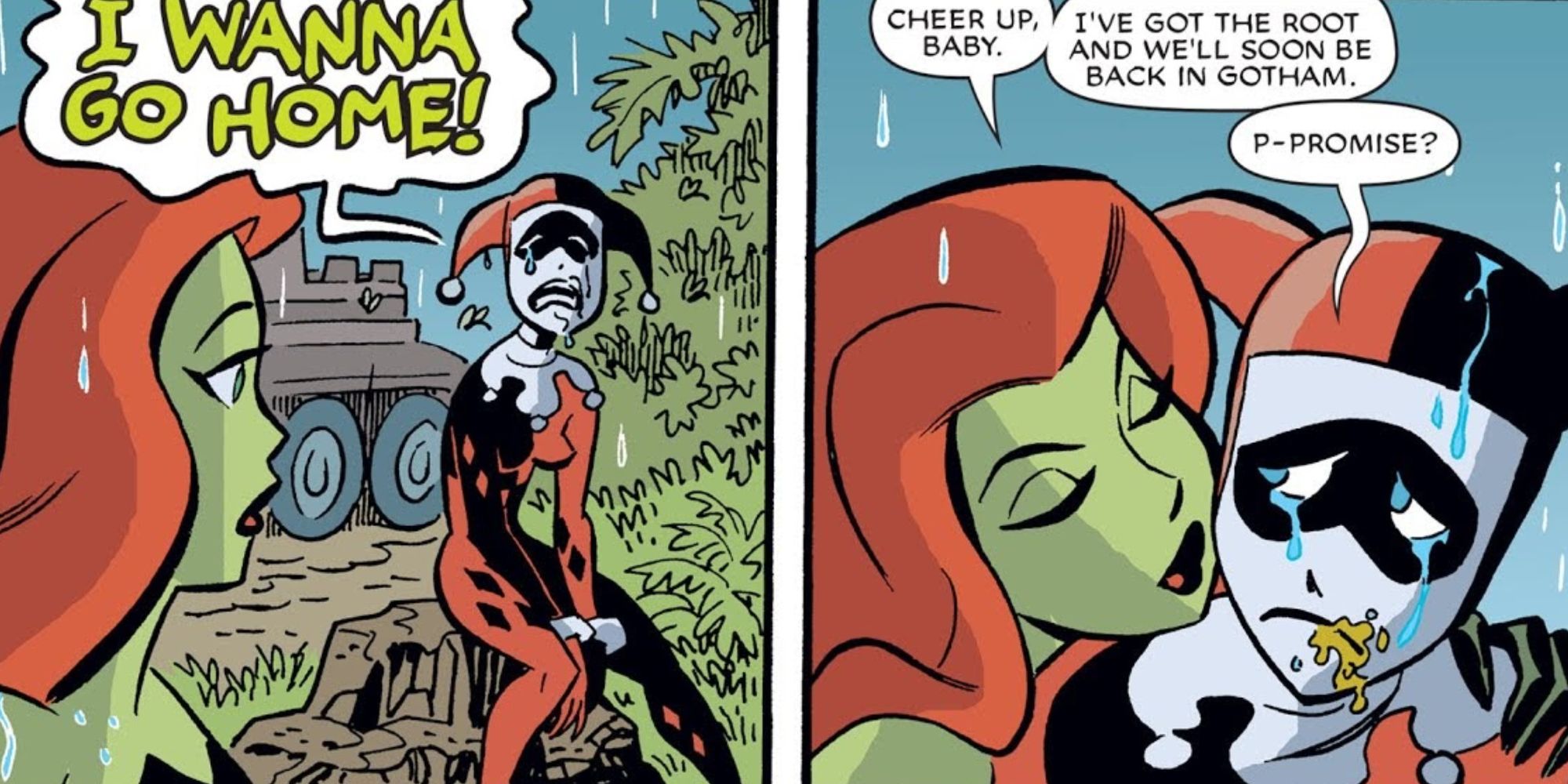 Poison Ivy comforts Harley Quinn in DC Comics.