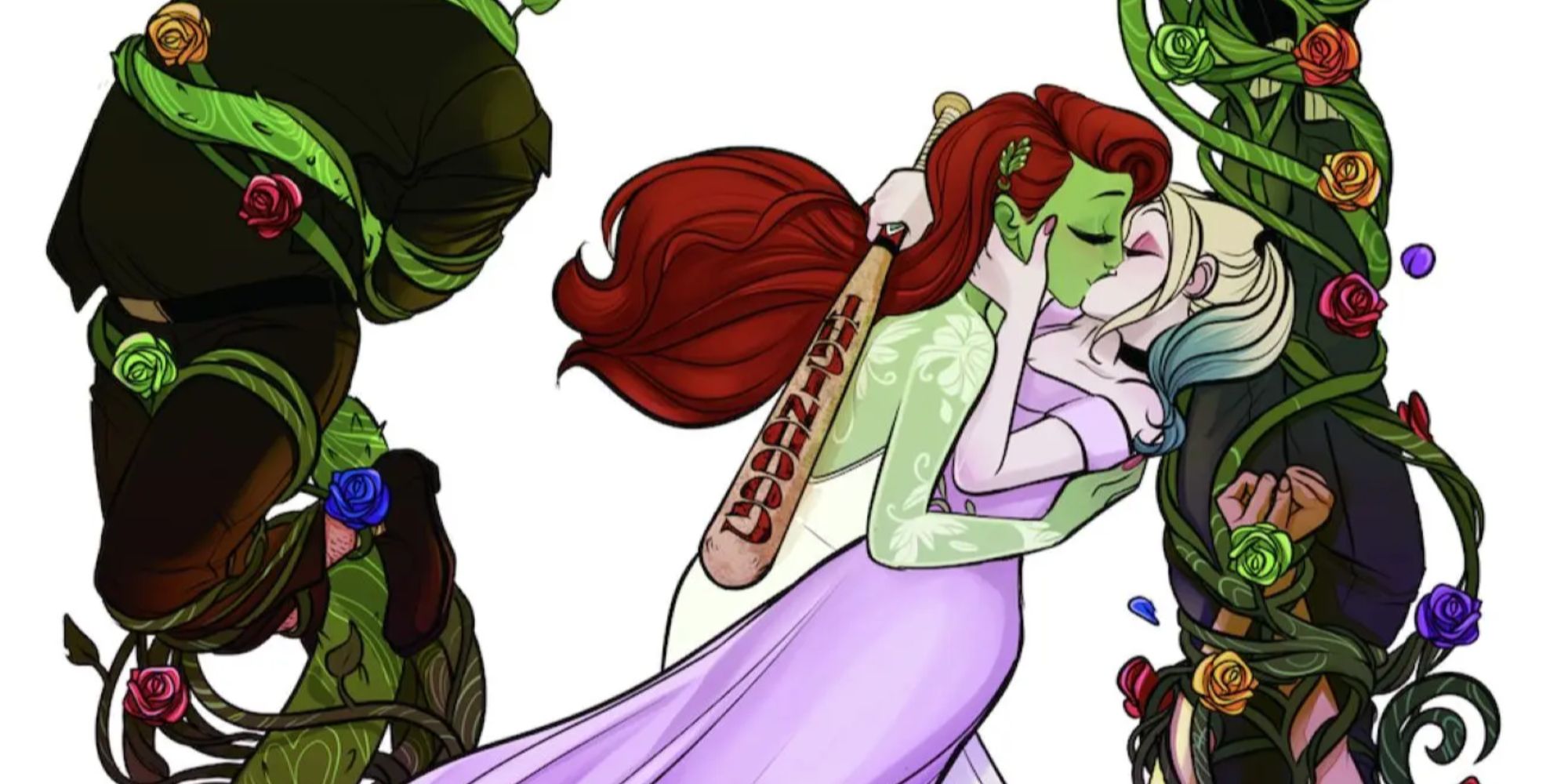 Harley Quinn and Poison Ivy kiss in DC Comics.