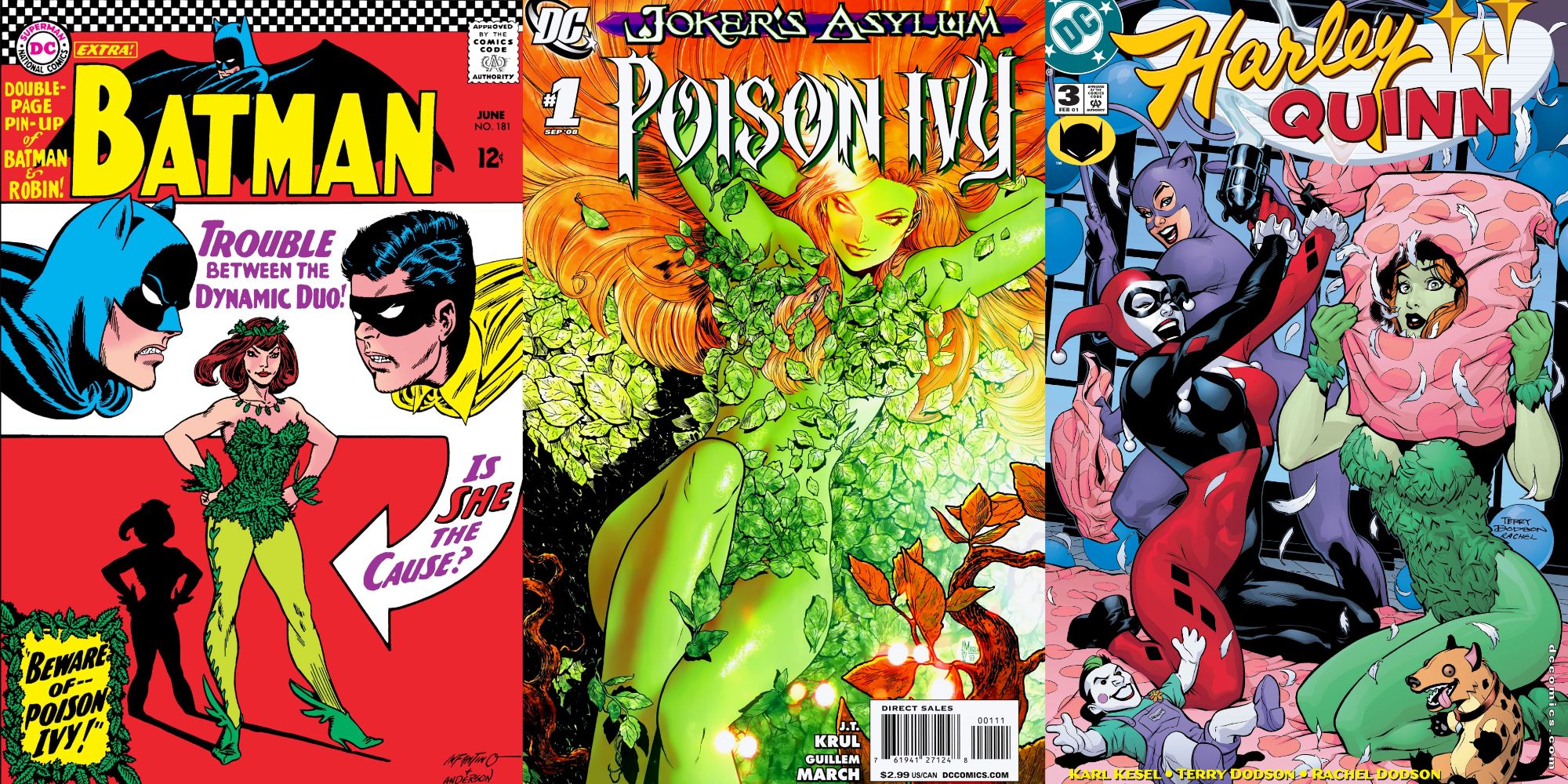 Split image of covers of Batman 181, Joker's Asylum: Poison Ivy, and Harley Quinn 3.