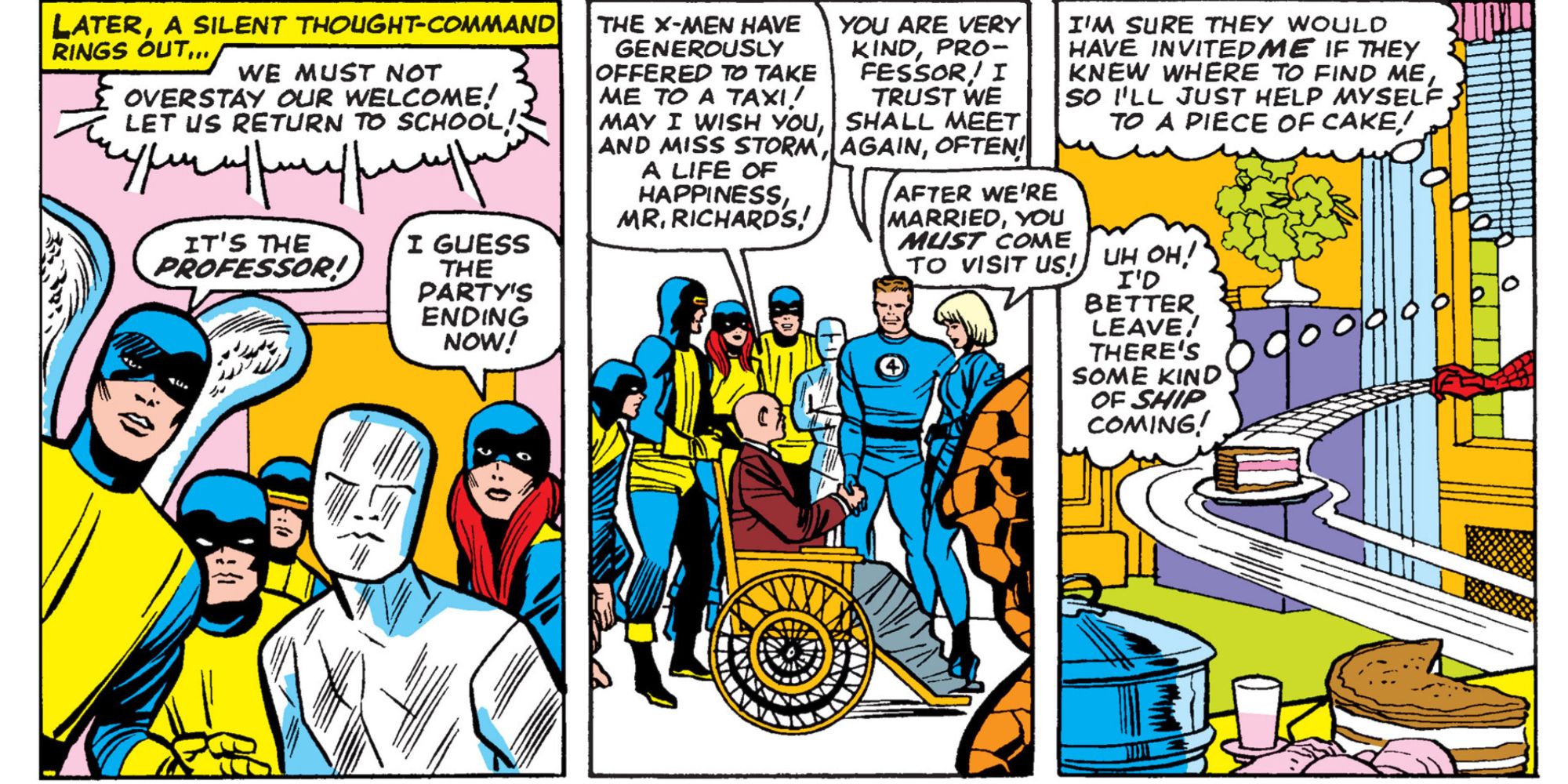 Spider-Man steals a slice of cake in Marvel Comics.