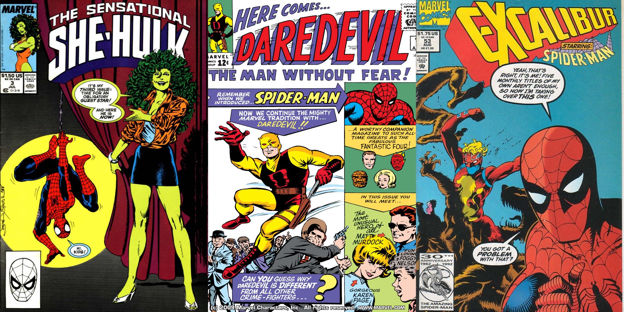 Split image of covers of Sensational She-Hulk 3, Daredevil 1, Excalibur 53.