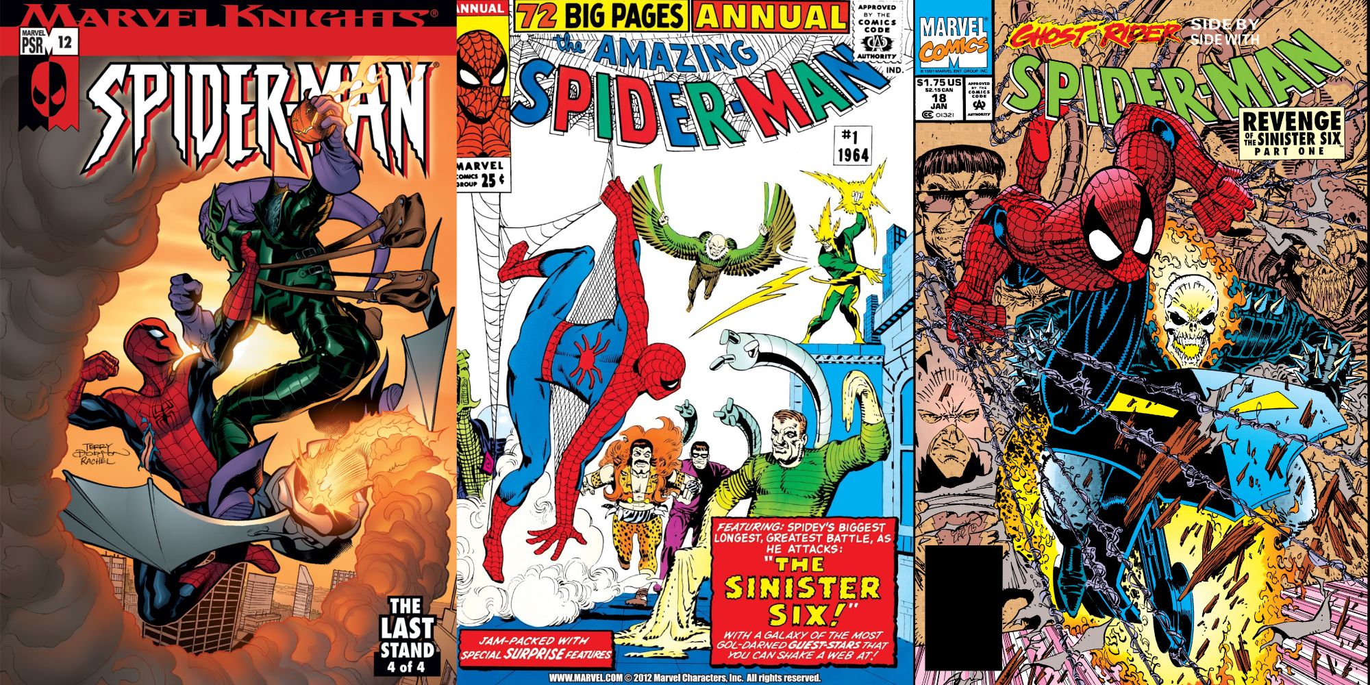 Split image of covers of Marvel Knights Spider-Man 12, Spider-Man Annual 1, and Spider-Man 18.