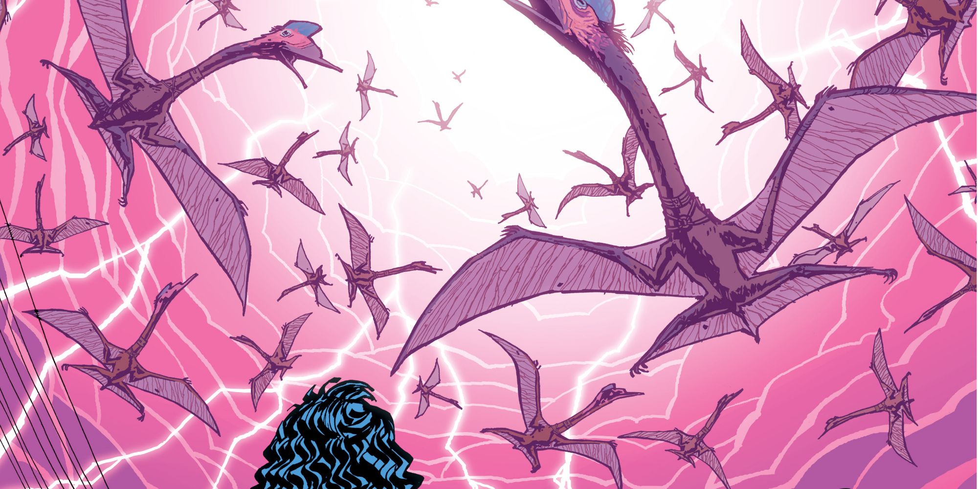 Pterodactyls fly in Paper Girls comic.