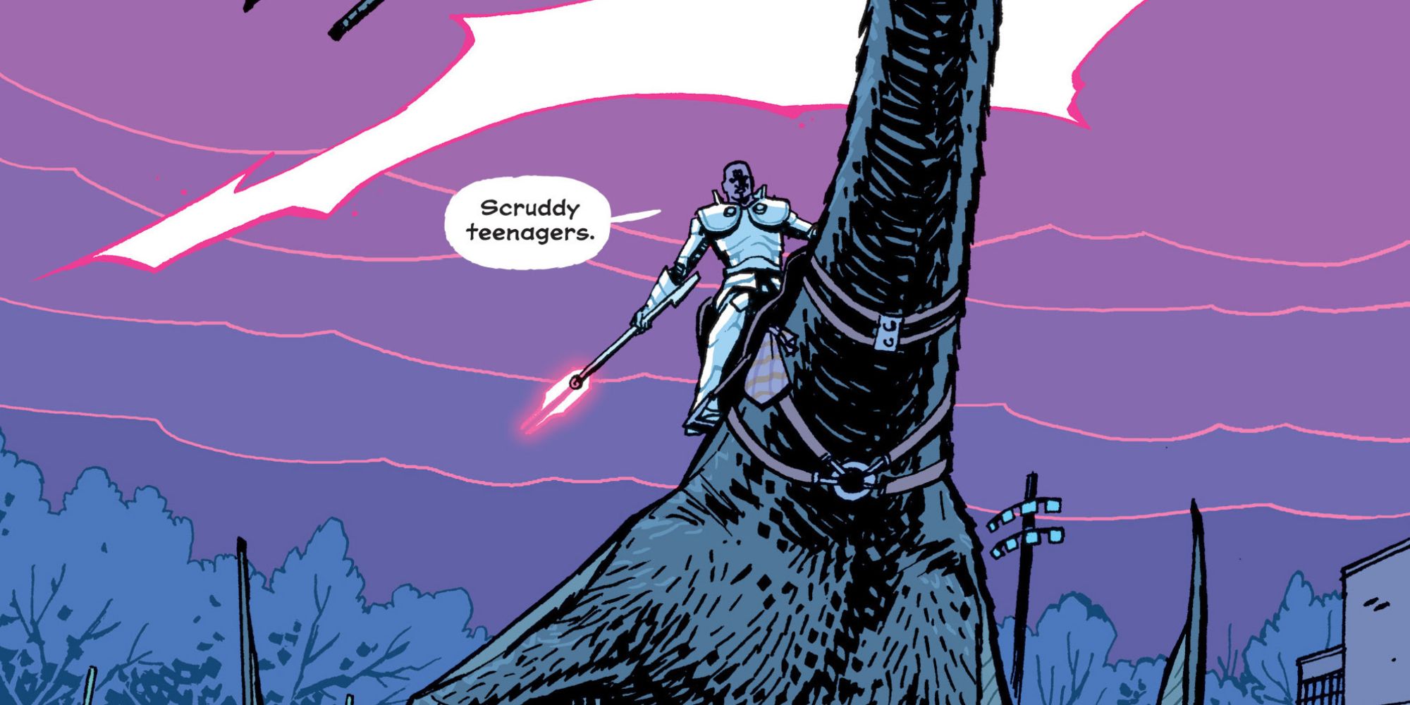 An Old Timer rides a pterodactyl in Paper Girls comics.