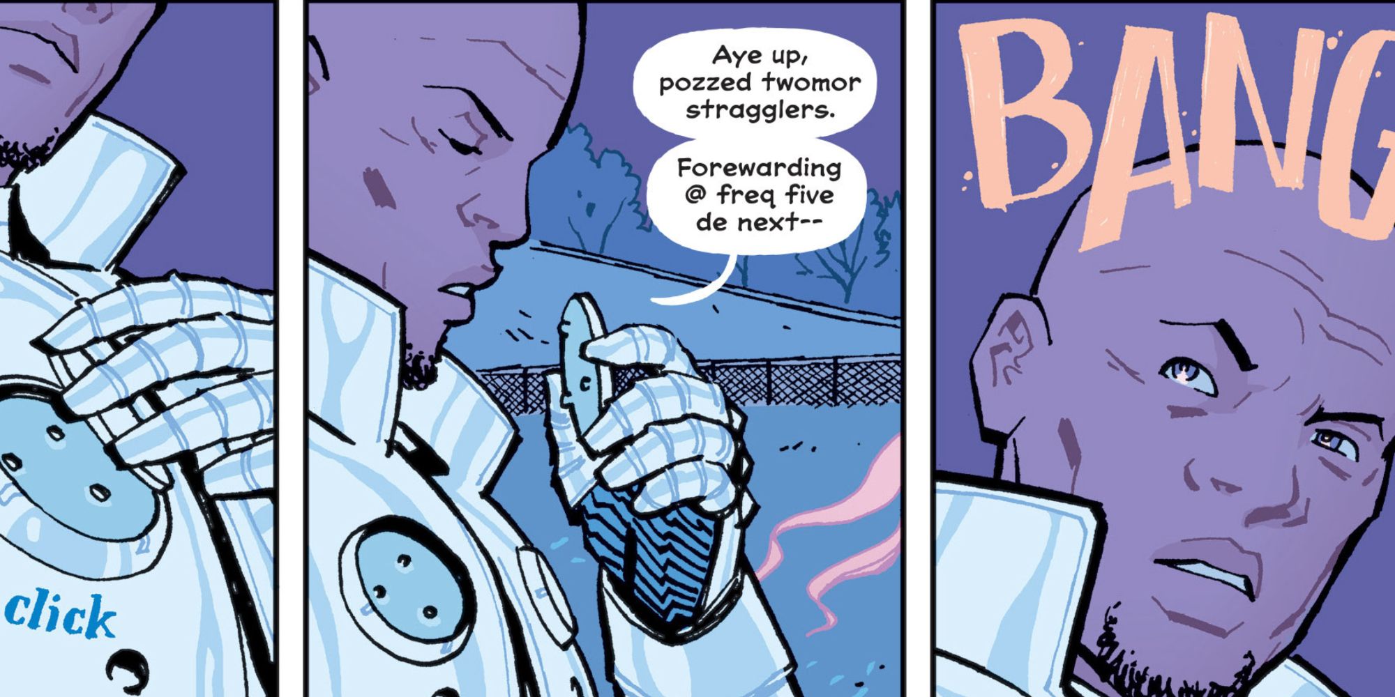 An Old Timer talks into his communicator in Paper Girls comics.