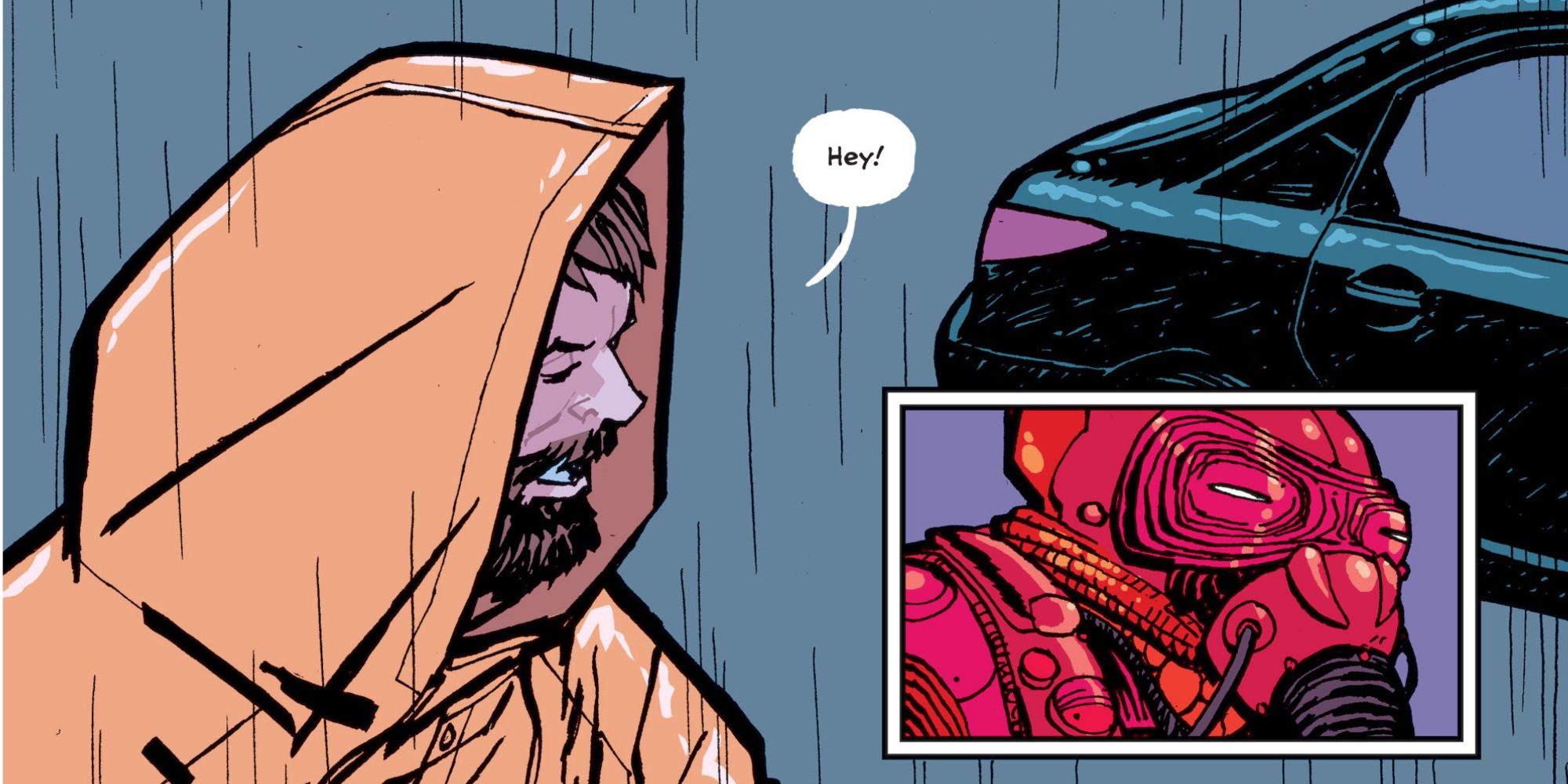 A civilian encounters a time traveler in Paper Girls comics.