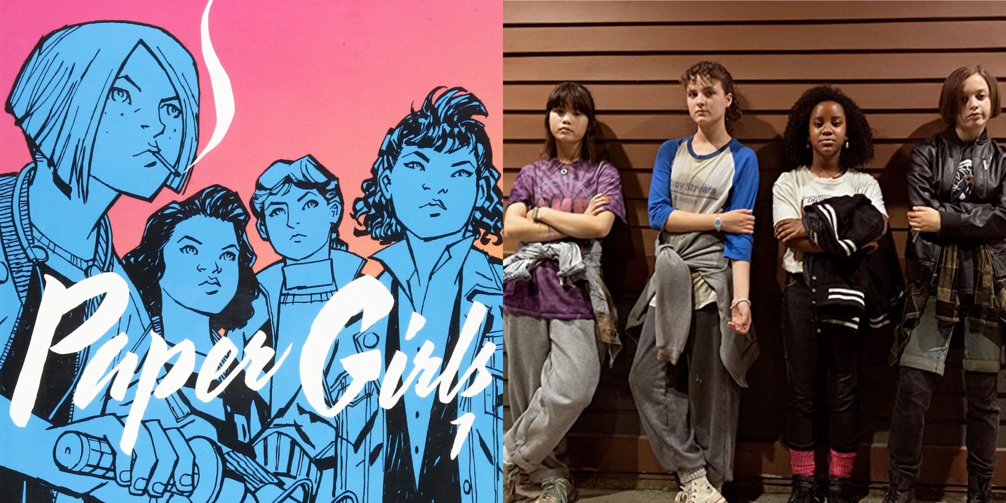 Split image of Paper Girls from the comic and from the Prime TV show.