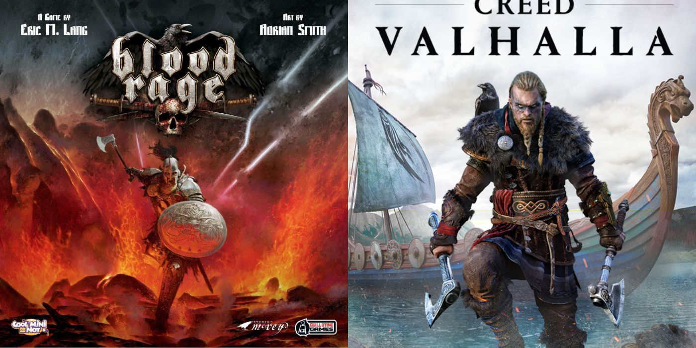 Split image of board game Blood Rage and video game Assassin's Creed: Valhalla.