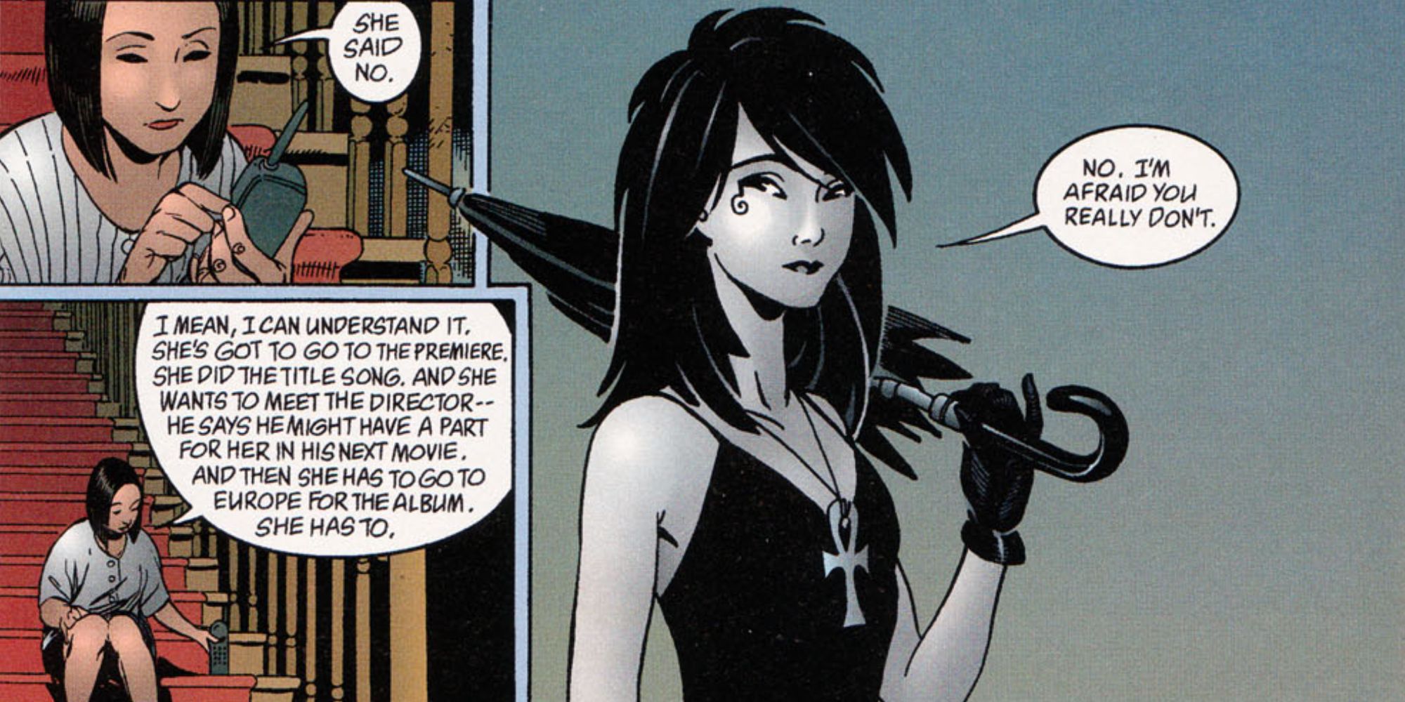 Death holds an umbrella in Sandman comics.