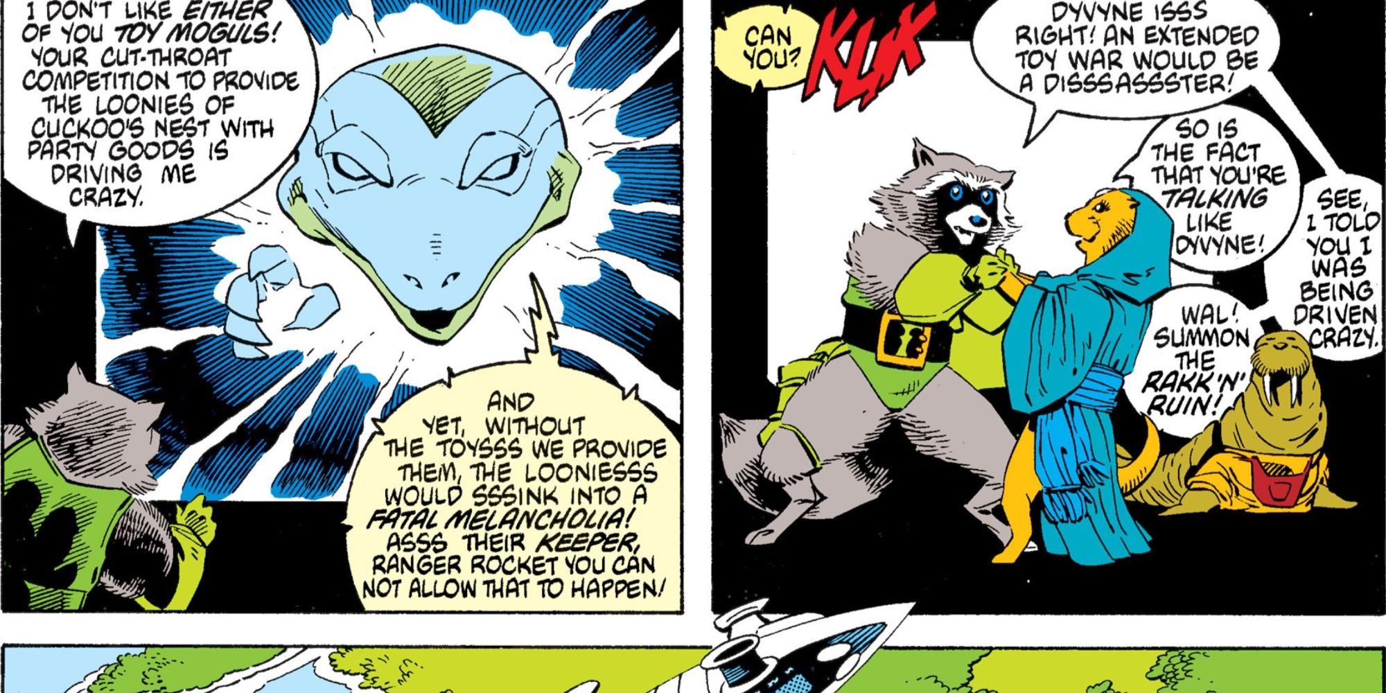 Rocket Raccoon fights Dyyvne in Marvel Comics.