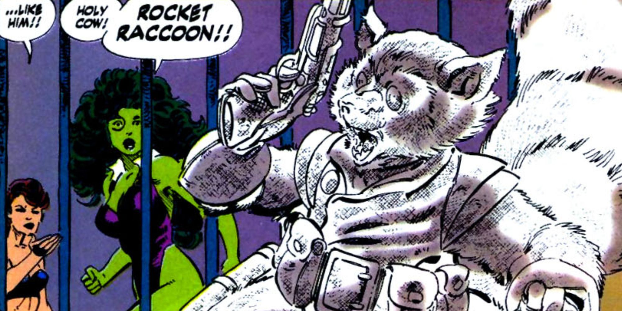 She-Hulk encounters Rocket Raccoon in Marvel Comics.