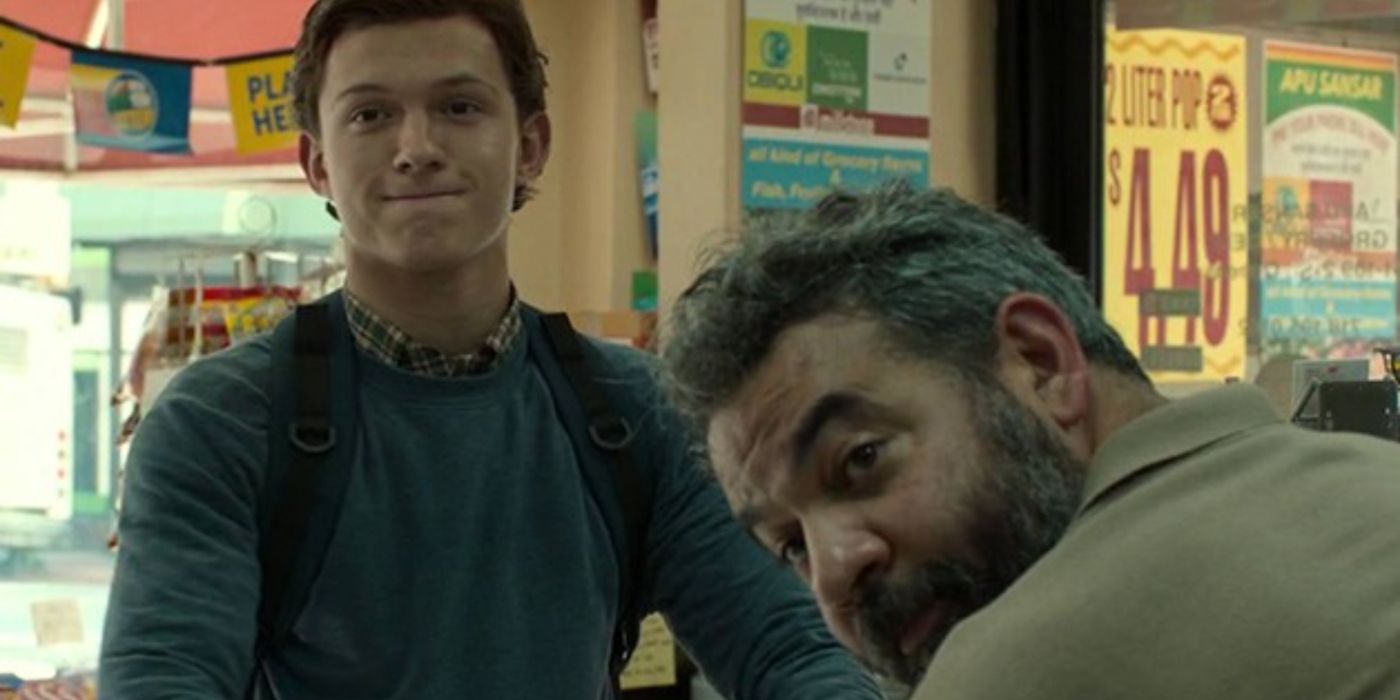 Peter and Mr. Delmar looking at someone in Spiderman Homecoming