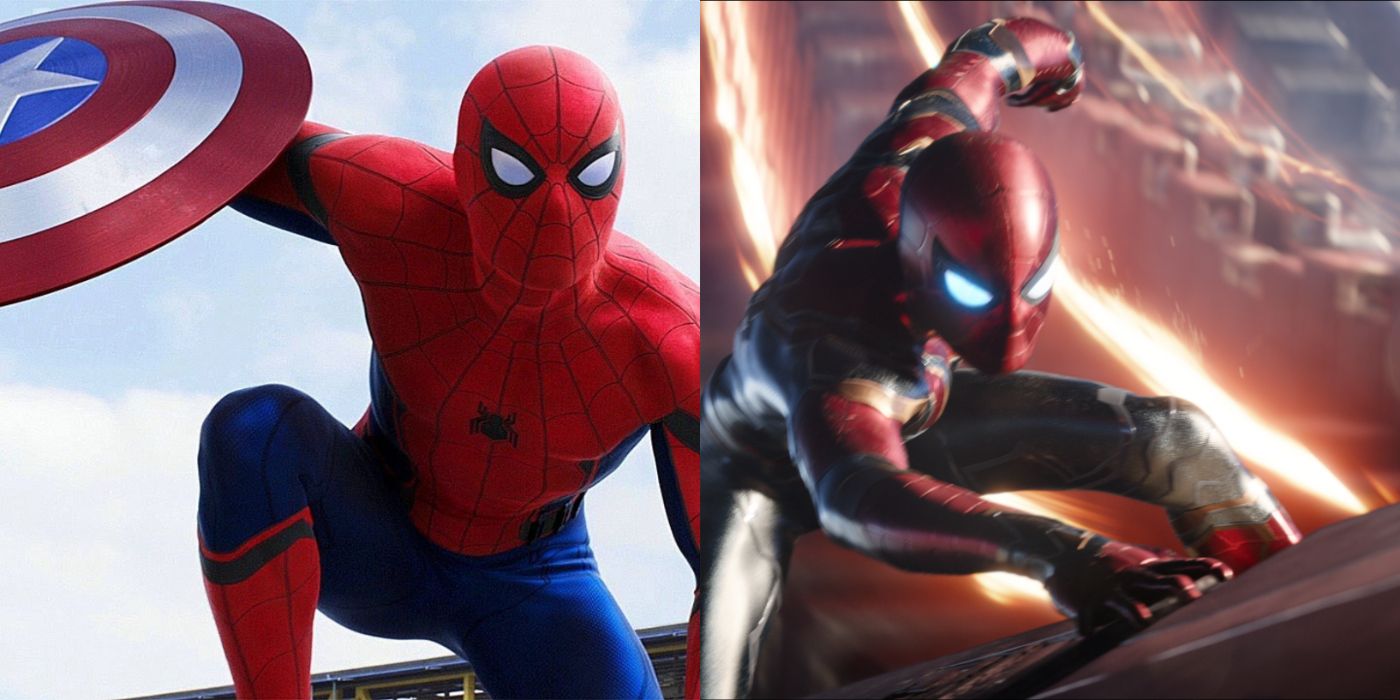 Peter in Civil War on left, and on the lit ring in Infinity War on right