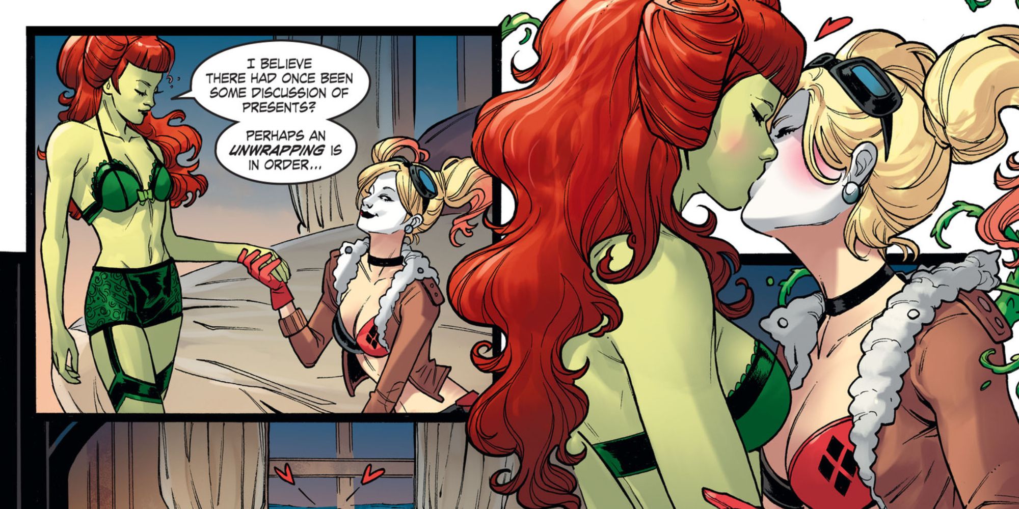 Harley Quinn and Poison Ivy kiss in DC Bombshells comics.