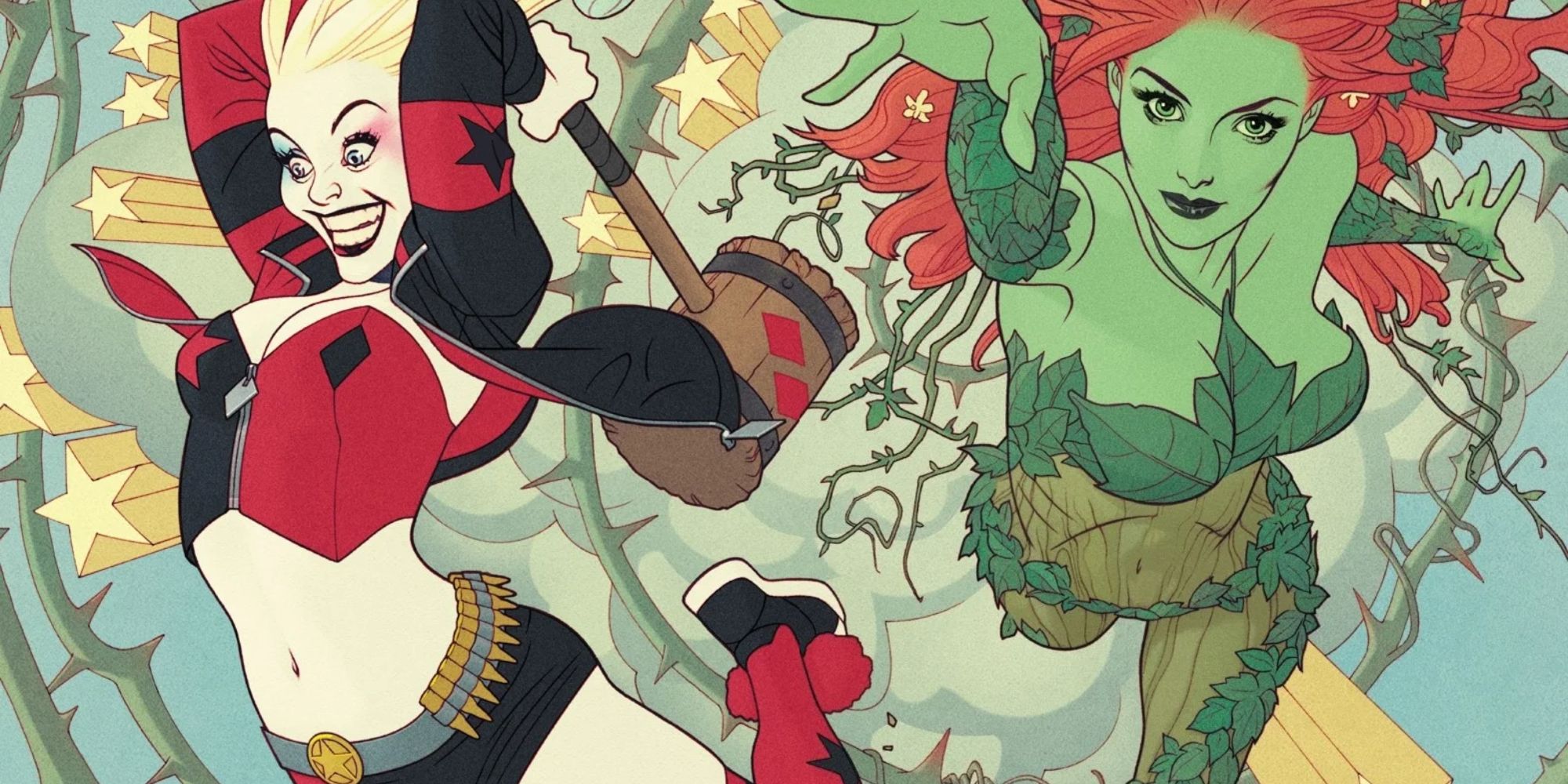 Harley Quinn and Poison Ivy leap into battle in DC Comics.