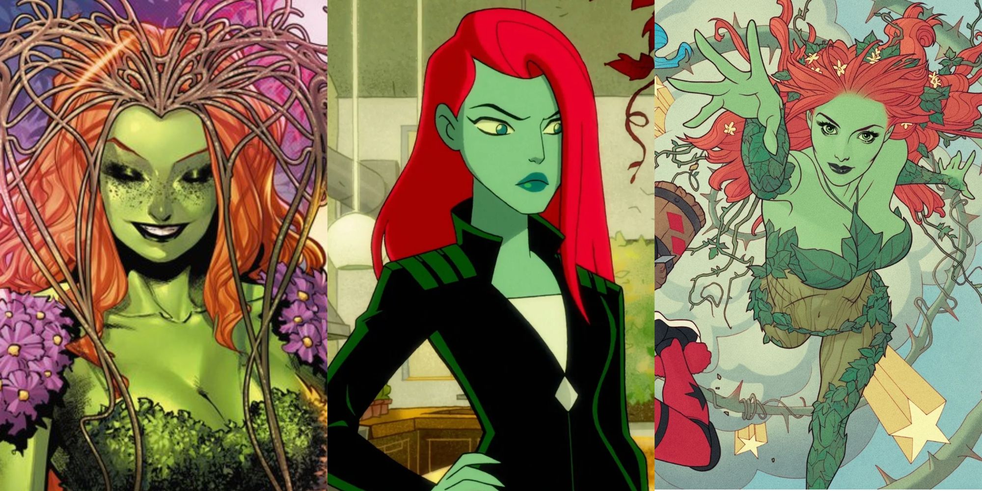 Split image of Queen Ivy from DC Comics, Poison Ivy from HBO Max series, and from Rebirth comics.