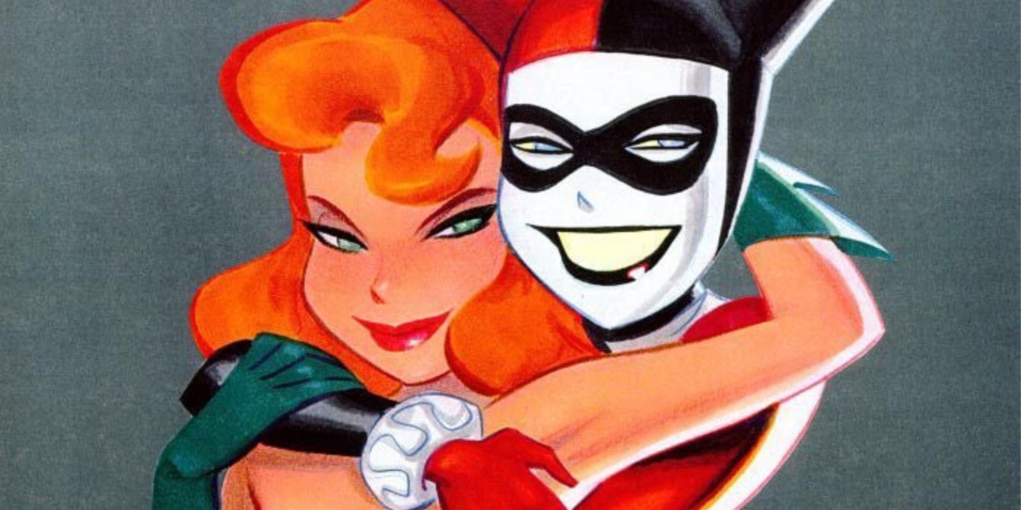 Poison Ivy and Harley Quinn embrace in Bruce Timm art.