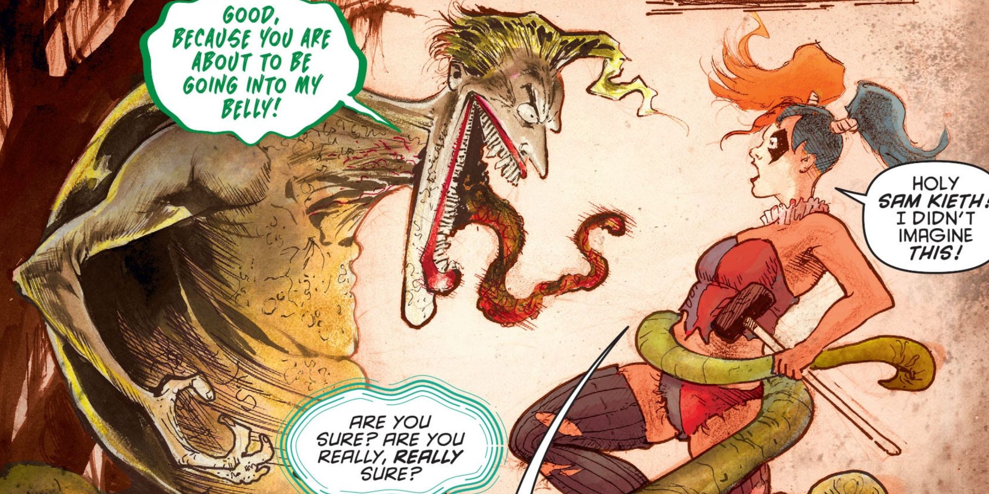 Harley Quinn confronts a demonic Joker in DC Comics.