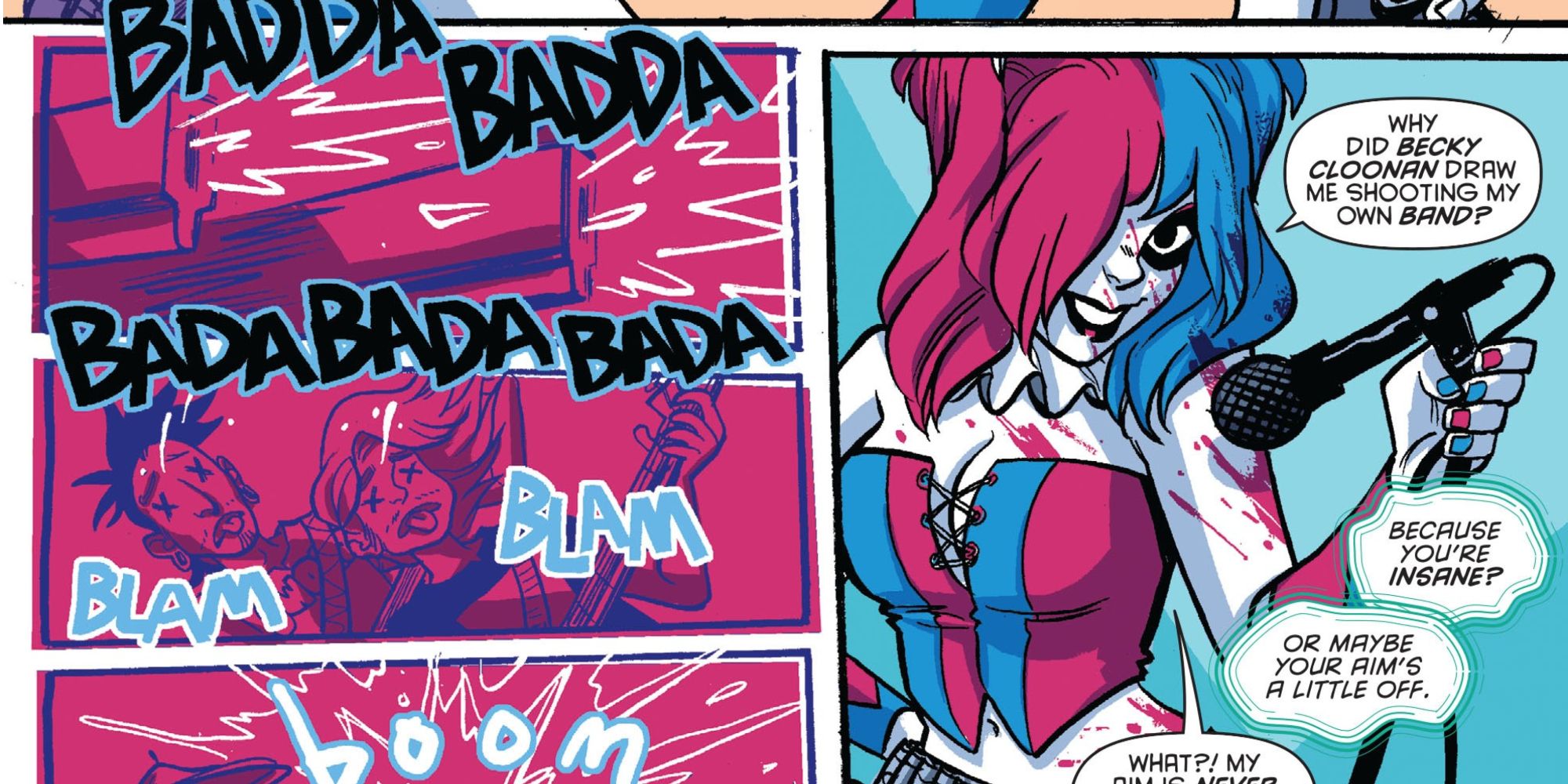 Harley Quinn shoots her band in DC Comics.