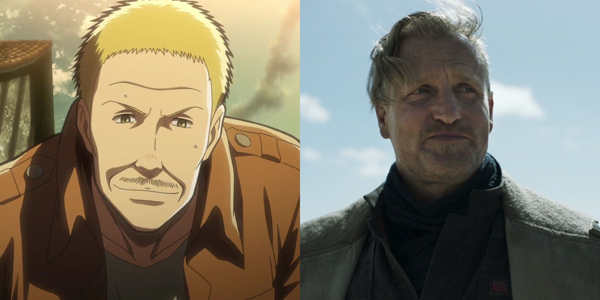 Split image of Woody Harrelson and Hannes from Attack on Titan