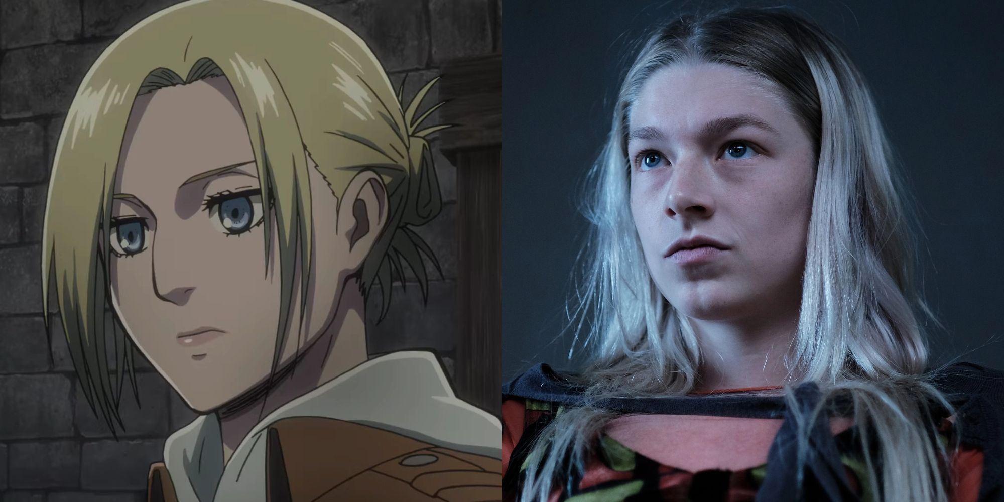 Split image of Hunter Schafer and Annie from Attack on Titan