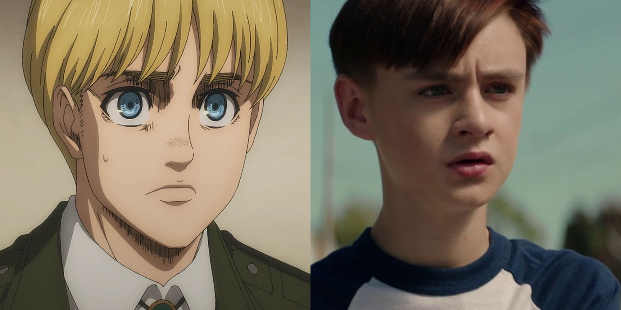 Split image of Jaeden Martell and Armin from Attack on Titan