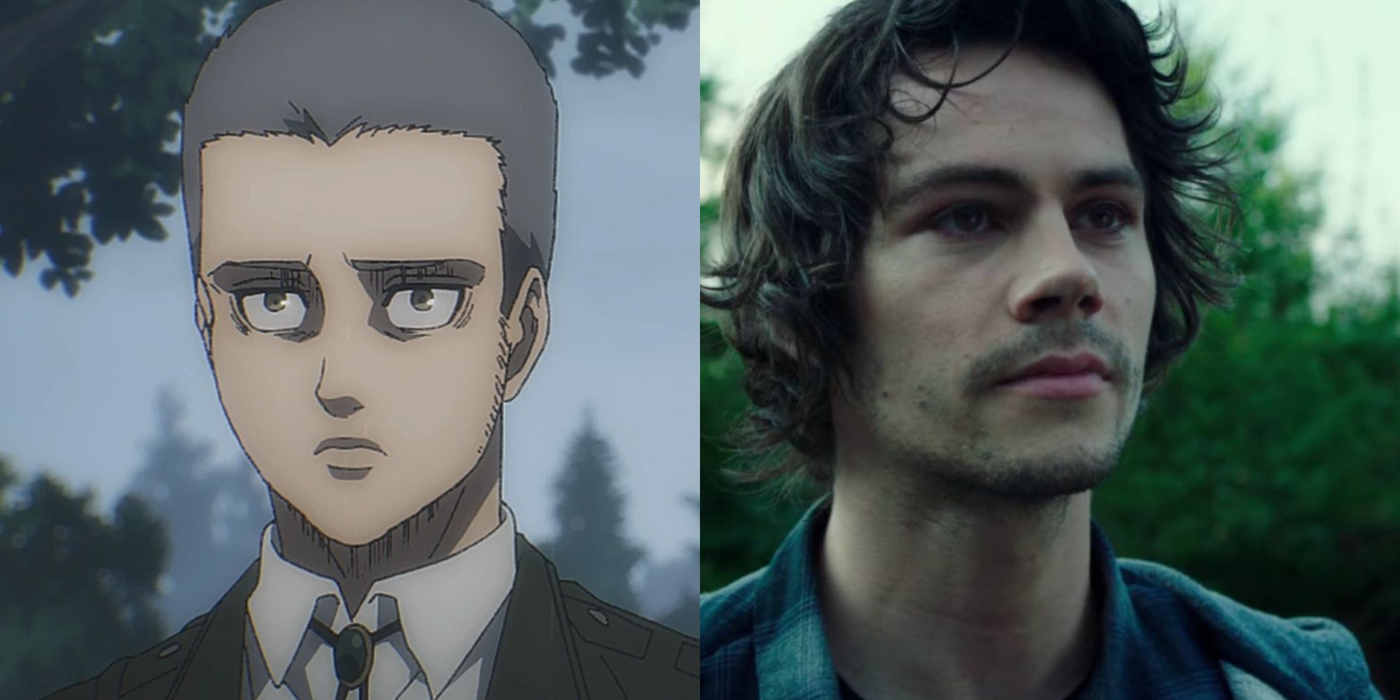 Split image of Dylan O'Brien and Connie from Attack on Titan