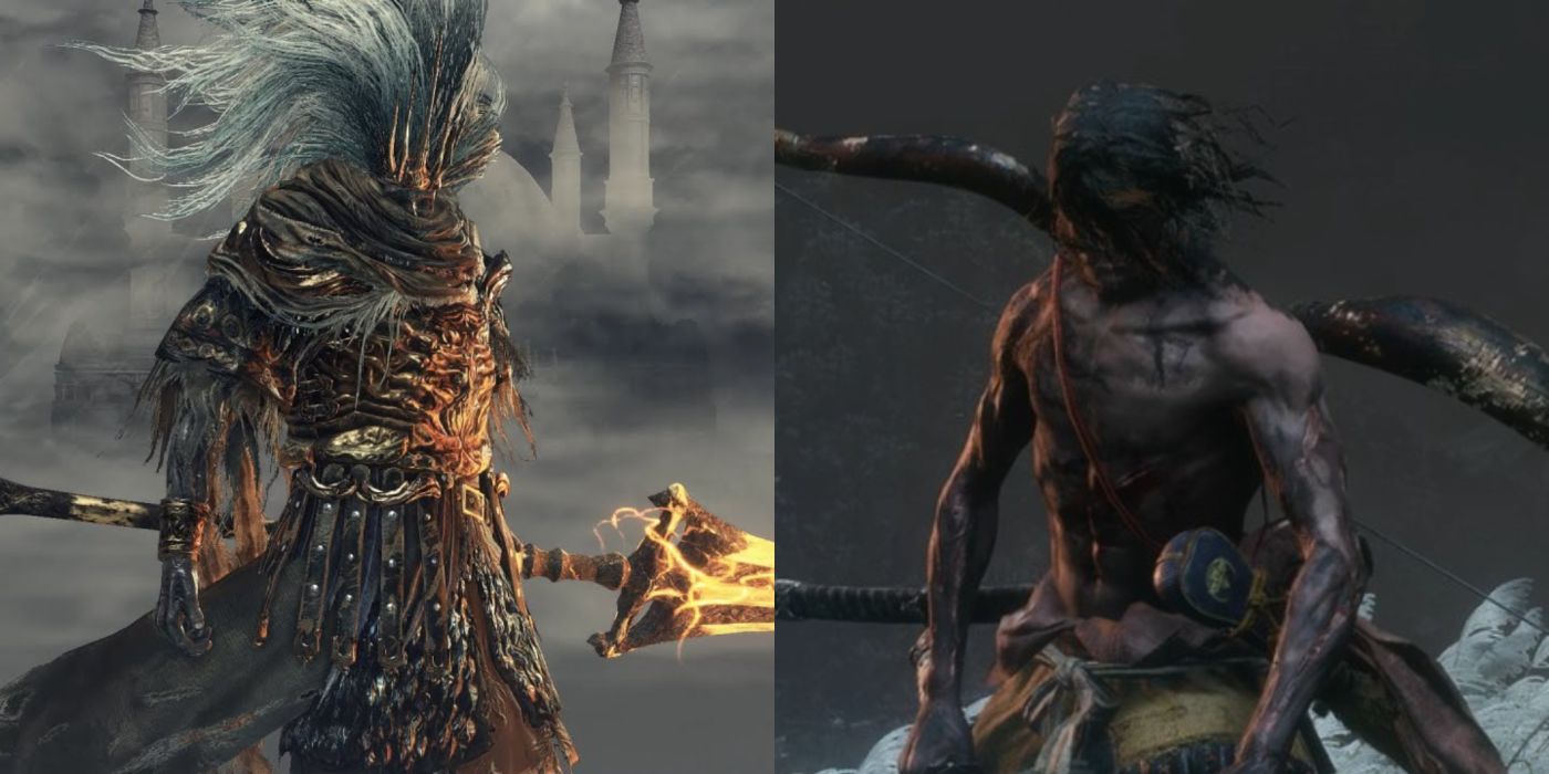 A split image of the Nameless King from Dark Souls III and Genichiro Ashina from Sekiro: Shadows Die Twice.
