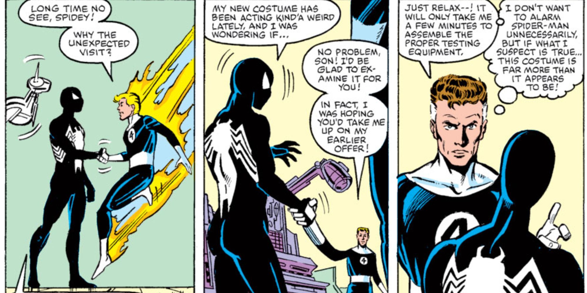 Spider-Man goes to the Fantastic Four for help with his black costume in Marvel Comics.