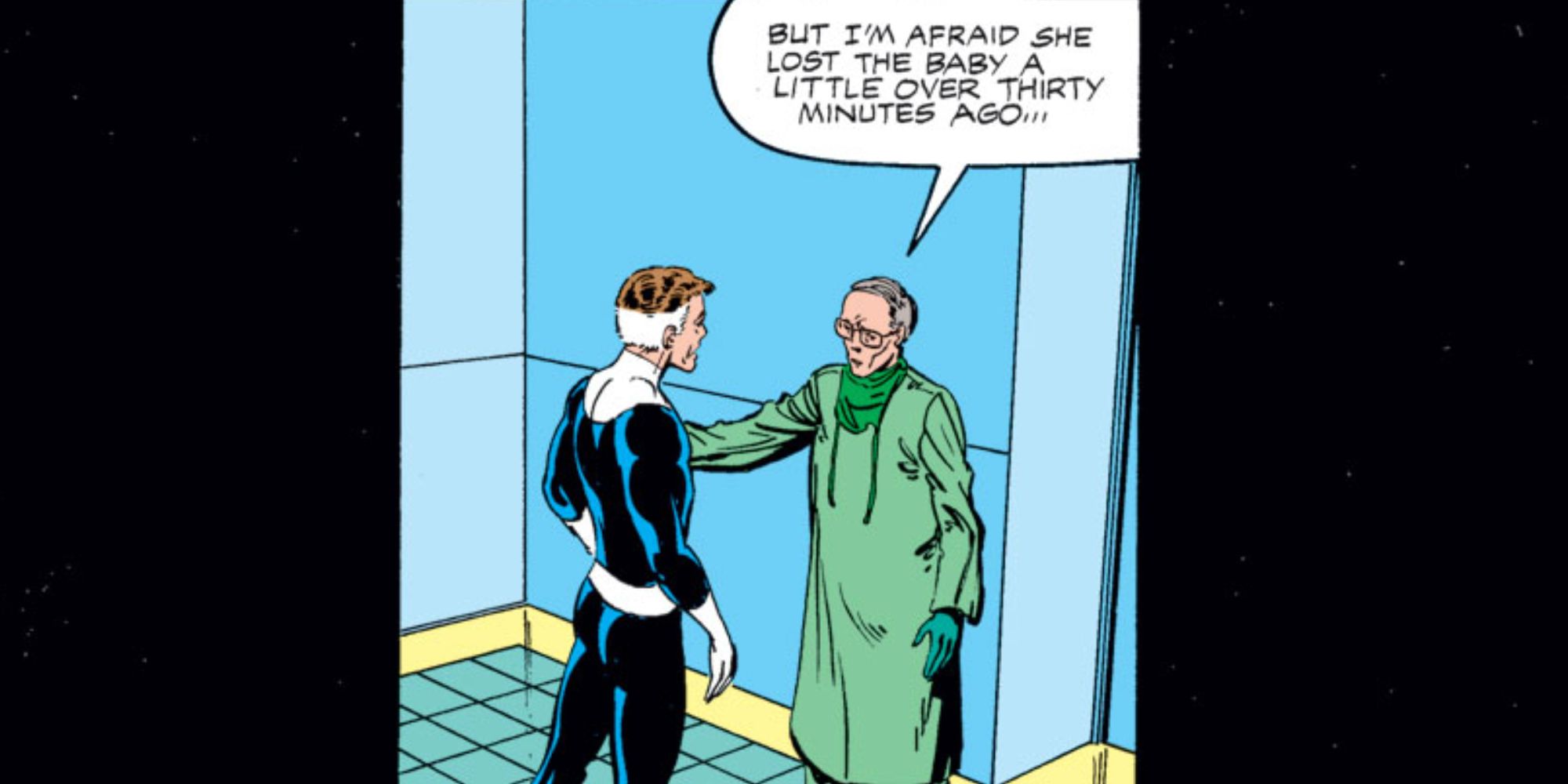 Mr. Fantastic learns Sue lost their baby in Marvel Comics.