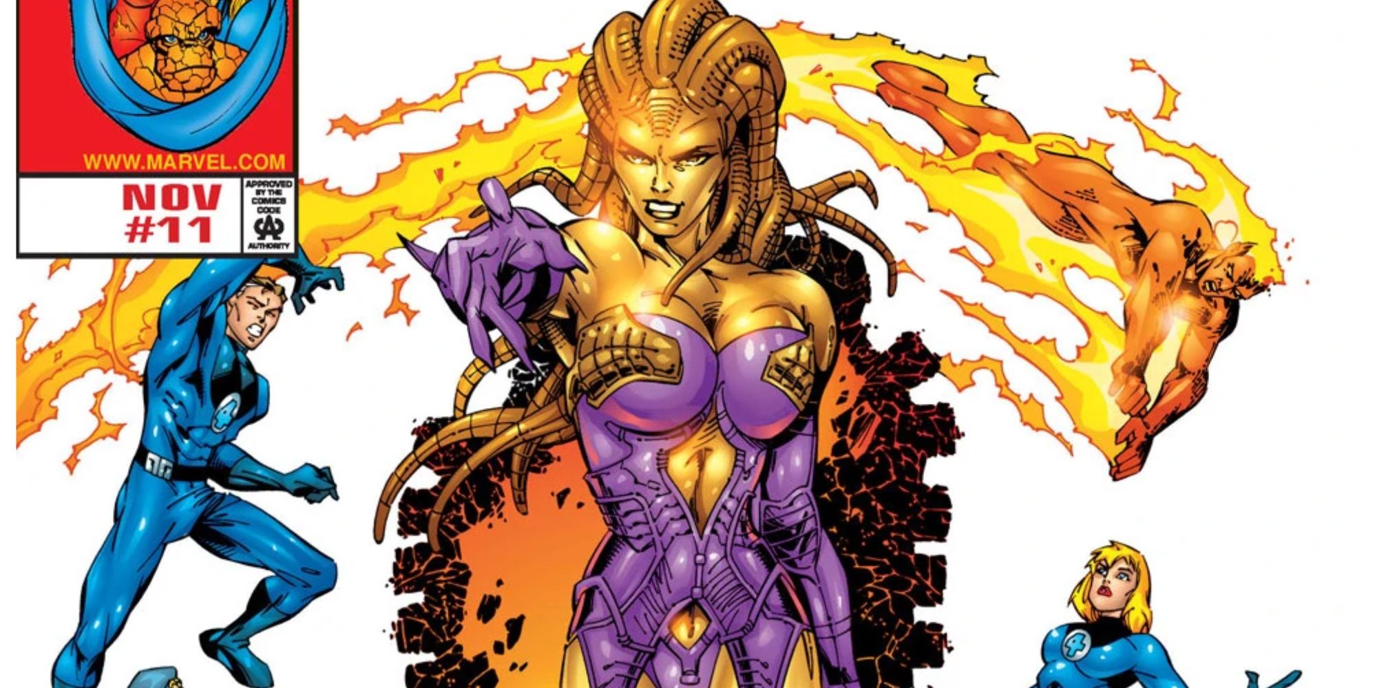 Ayesha attacks the Fantastic Four in Marvel Comics.