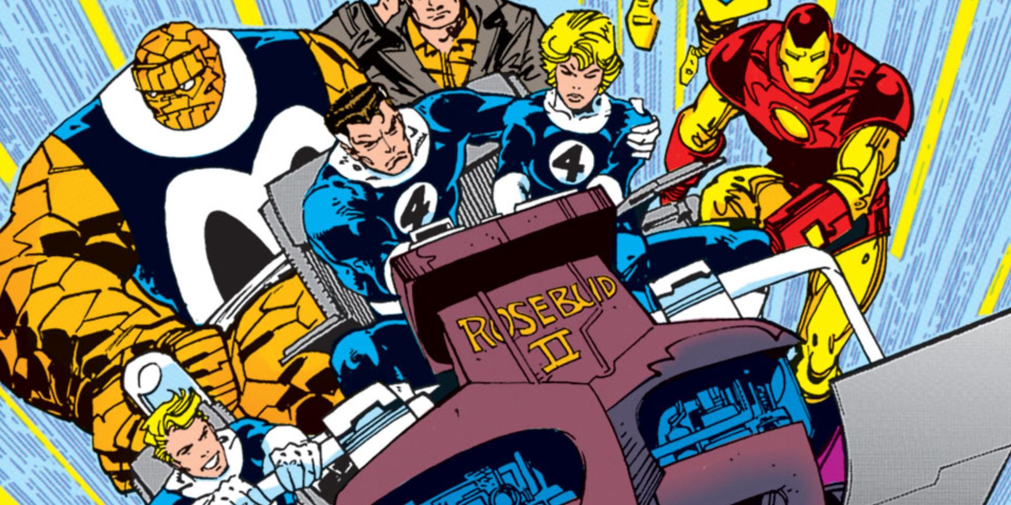 The Fantastic Four ride the time sled in Marvel Comics.