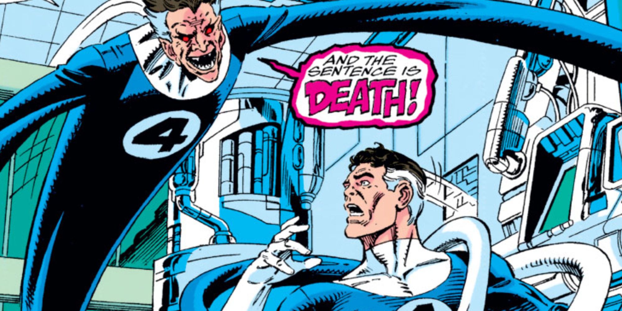 An evil Reed Richards attacks the original in Marvel Comics.