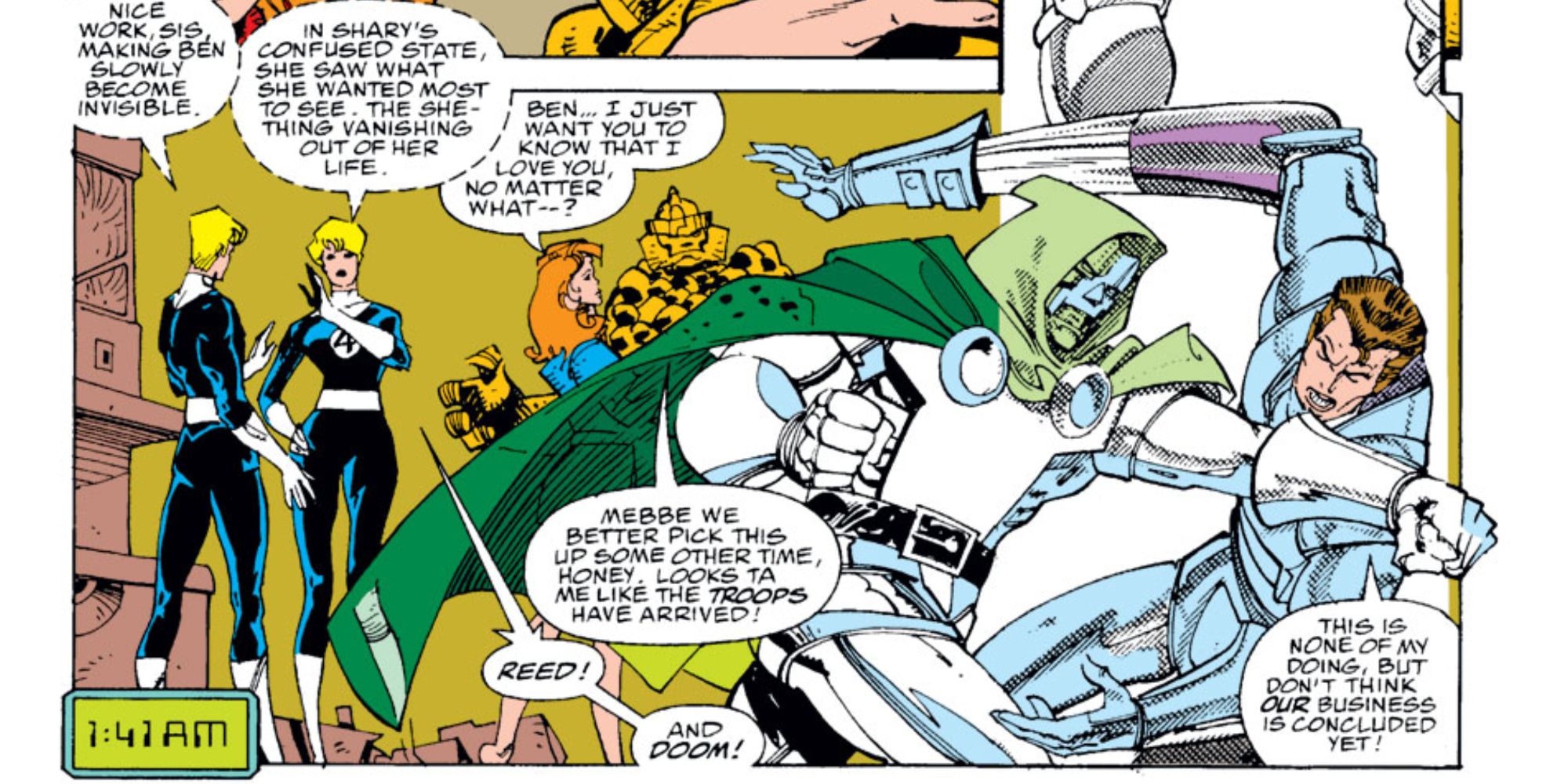 Doctor Doom and Mr. Fantastic fight outside of time in Marvel Comics.