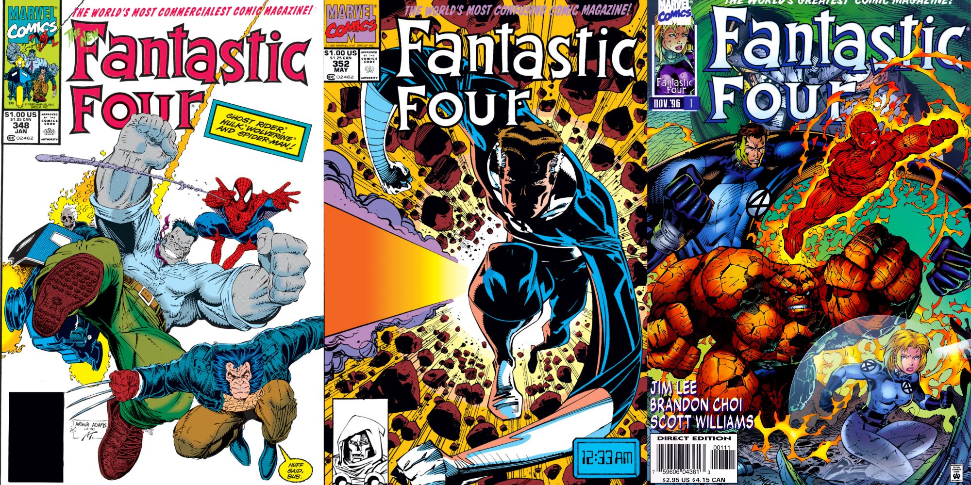 Split image of covers of Fantastic Four 348. 352, and Vol. 2 1.