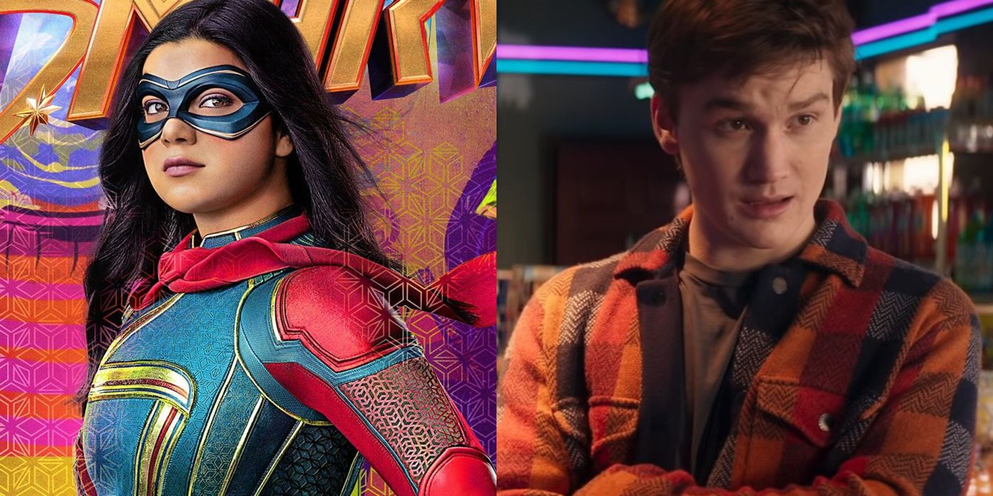 A Sra. Marvel fica desafiadora em frente ao logotipo da série, e Bruno cruza as mãos e olha confuso para Kamala.