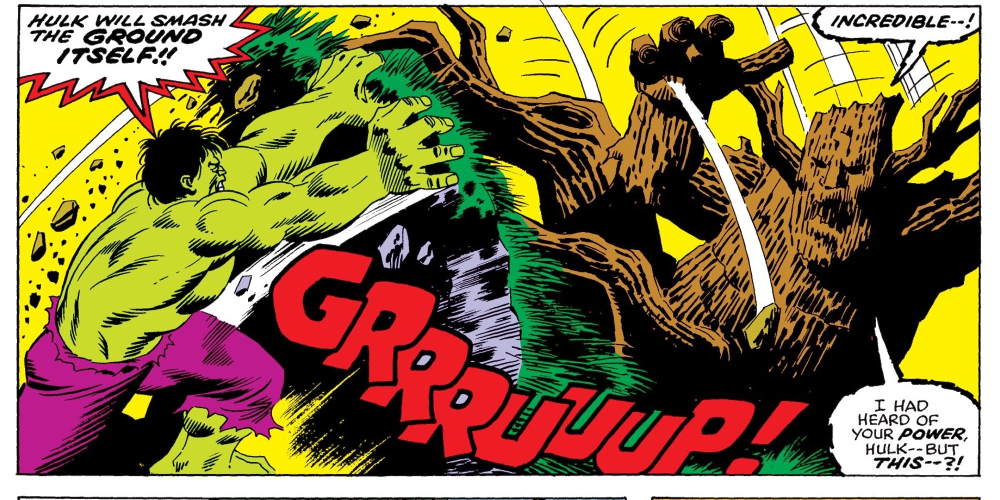 Groot luta contra o Hulk na Marvel Comics.