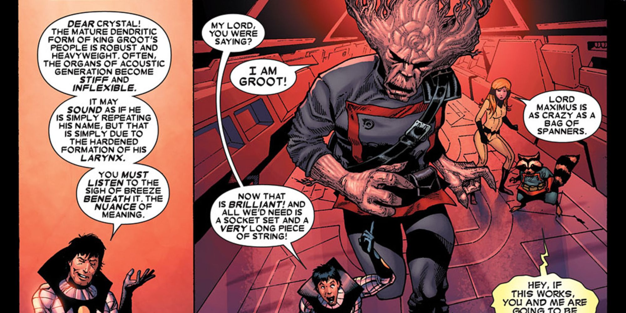 Lord Maximus traduz para Groot na Marvel Comics.
