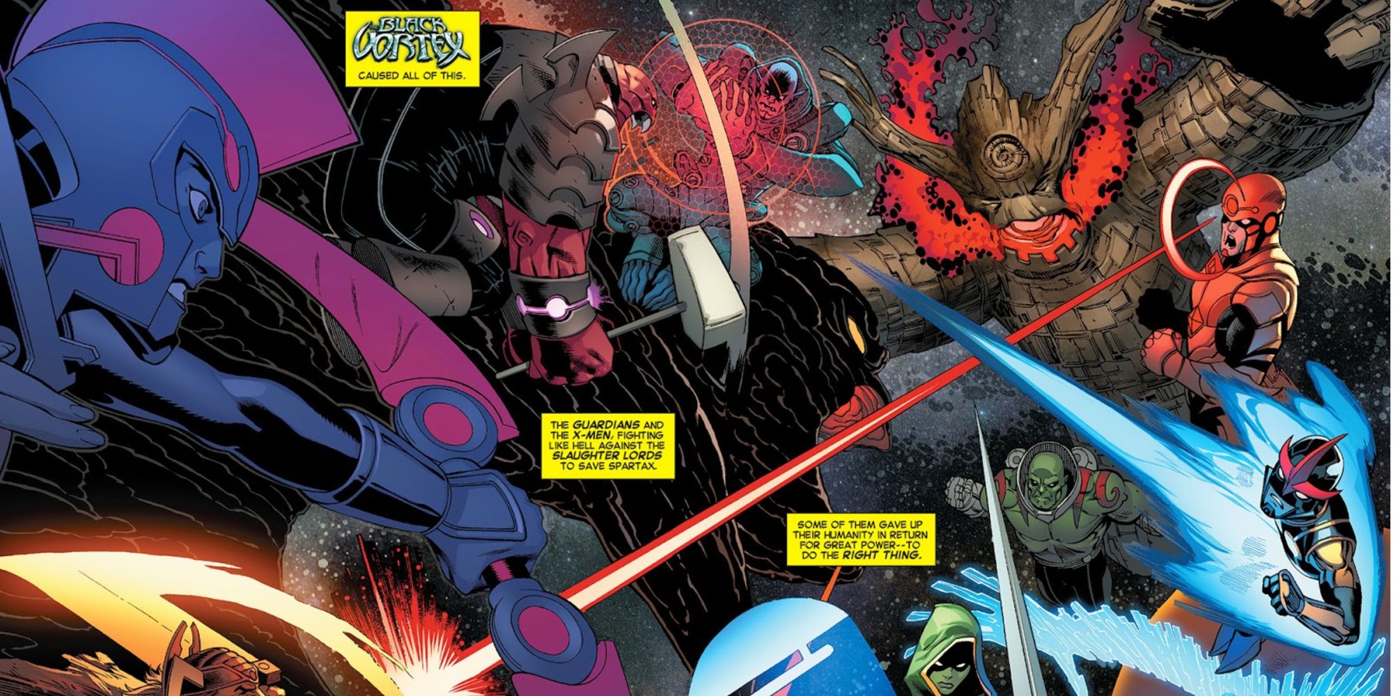 Groot luta contra outros heróis e vilões em Black Vortex Omega #1.