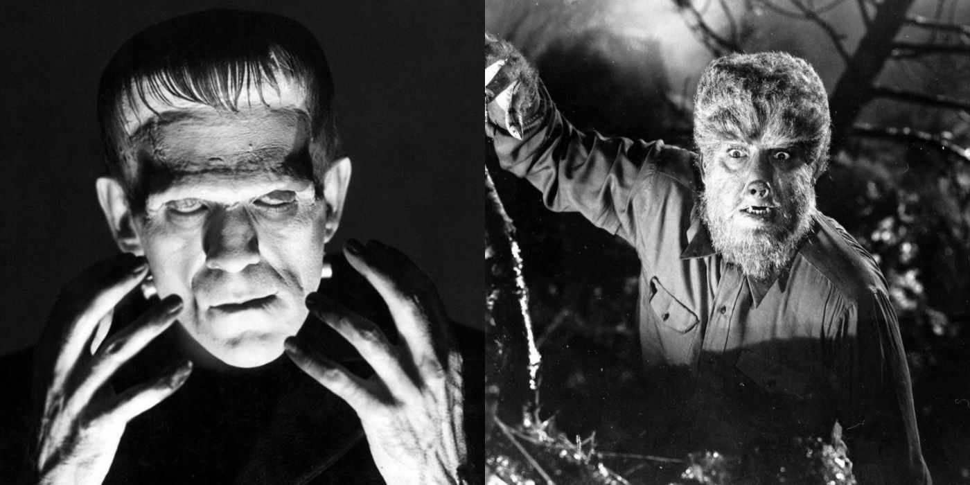 Split image of Frankenstein's Monster and the Wolf Man
