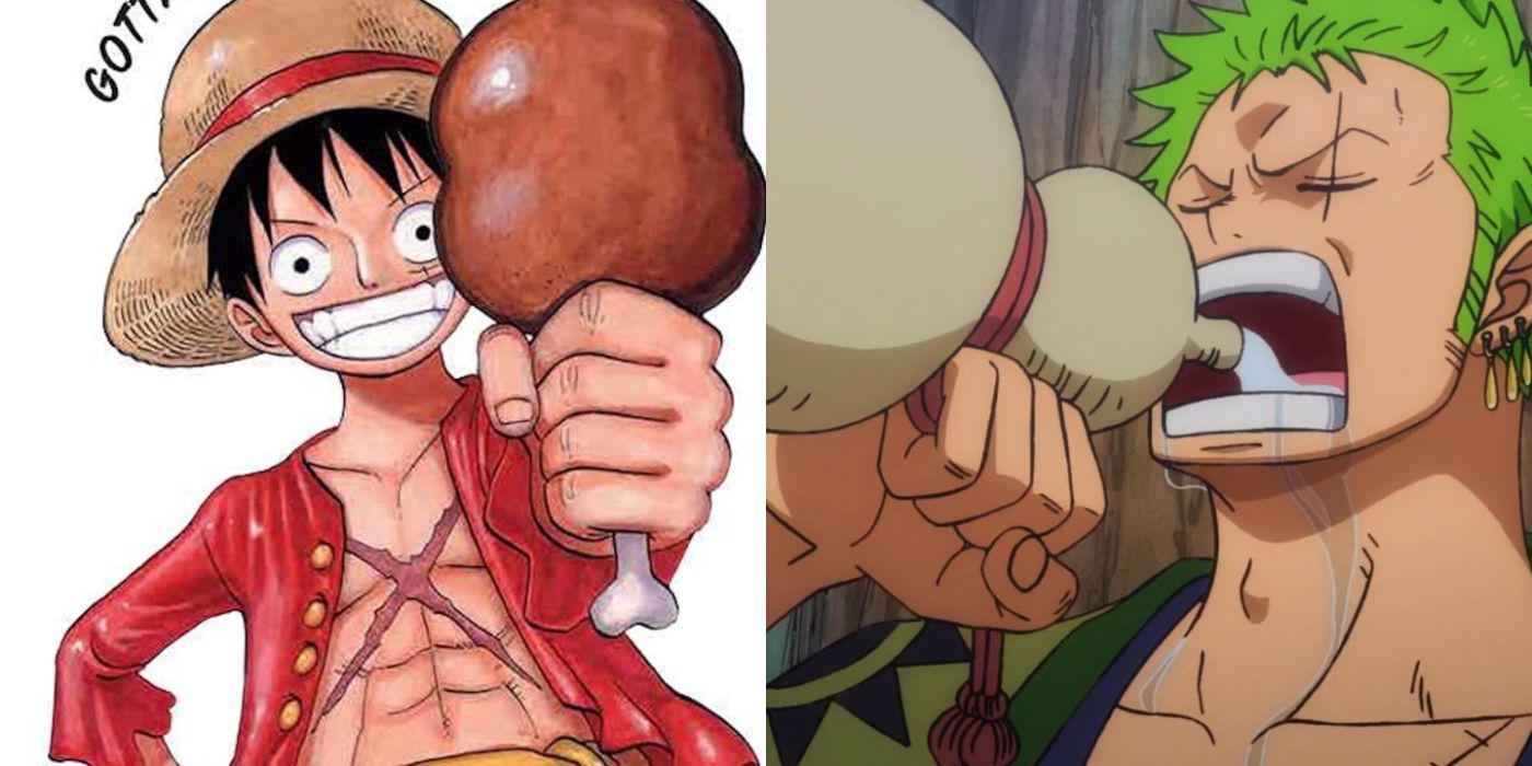 A split image of Luffy holding meat and Zoro drinking sake in One Piece.
