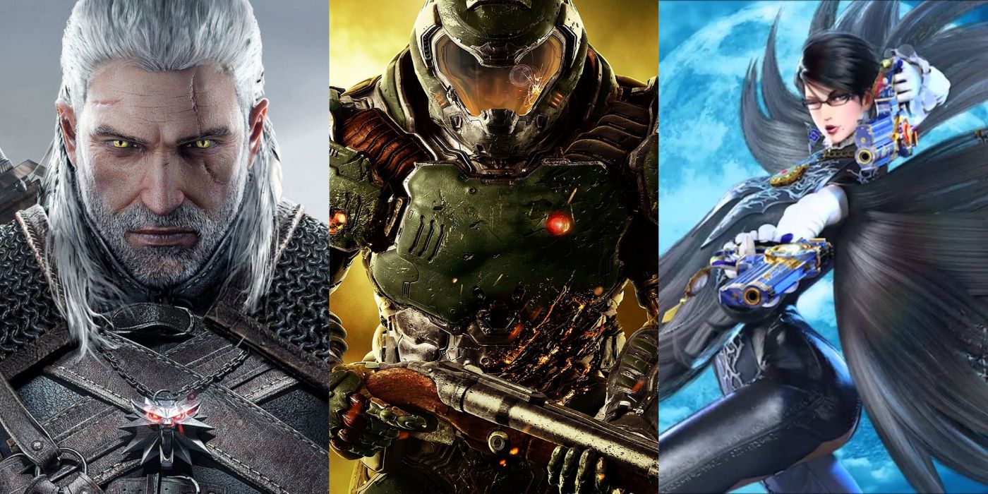 Characters from the Nintendo Switch games The Witcher 3, DOOM, and Bayonetta 2.