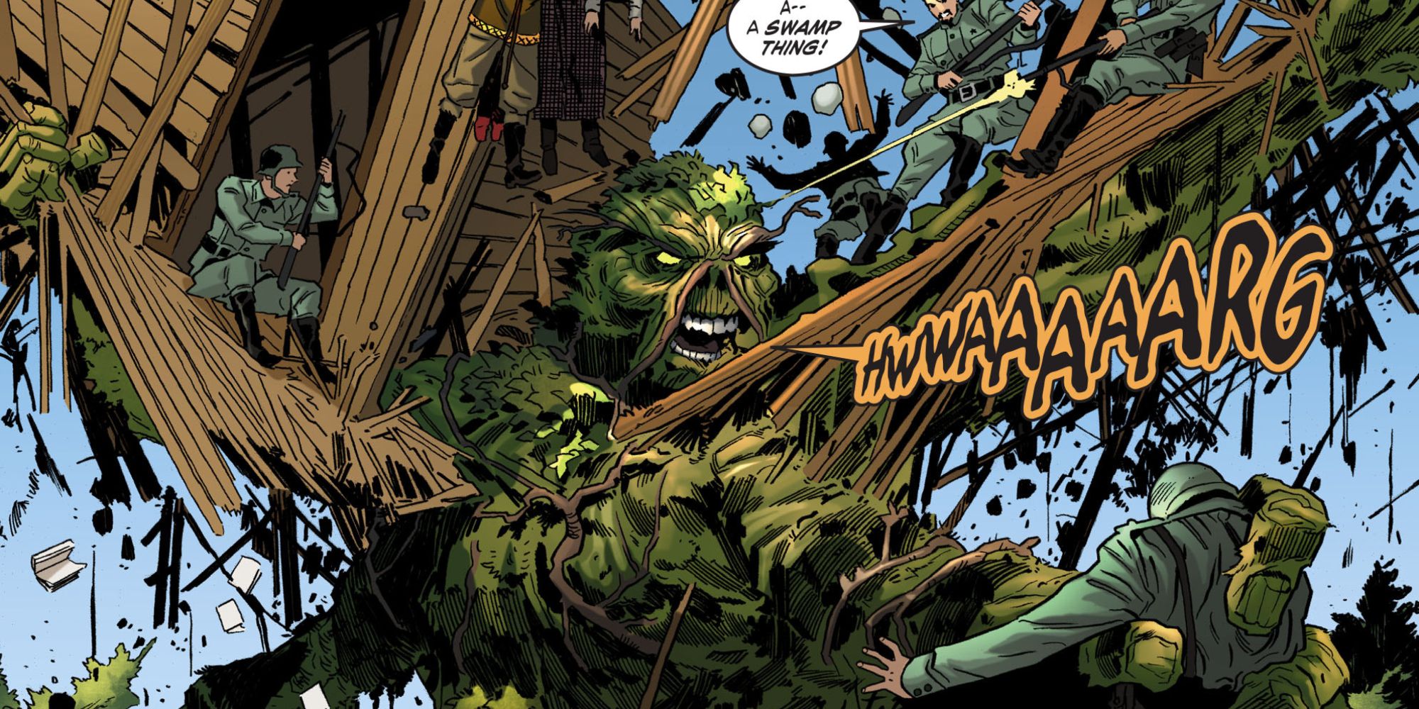 Swamp Thing attacks German soldiers in DC Bombshells comics.