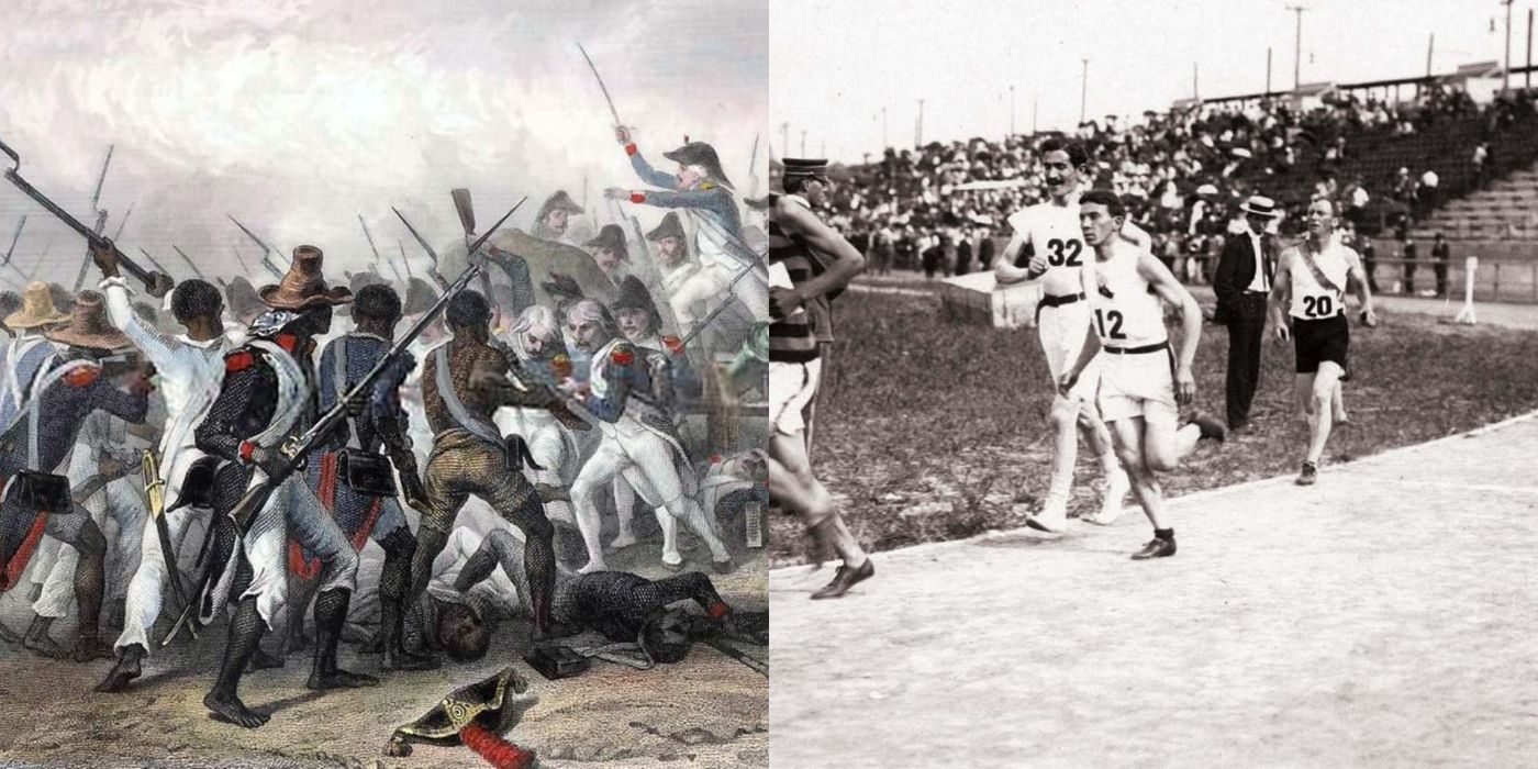 Split image of a painting of the Haitian Revolution and a photo of the 1904 Olympic Marathon