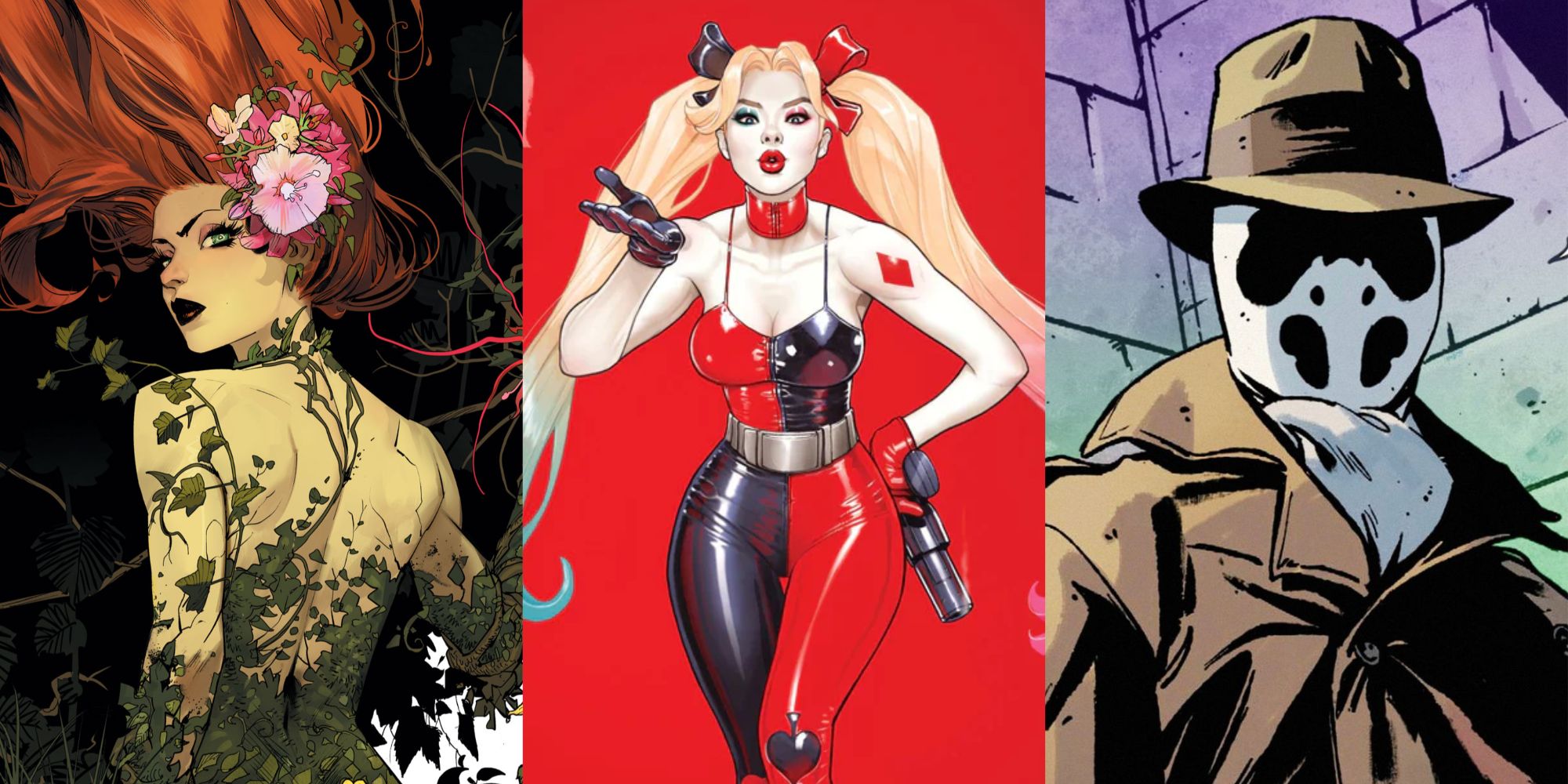 Split image of Poison Ivy, Harley Quinn, and Rorschach from DC Comics.